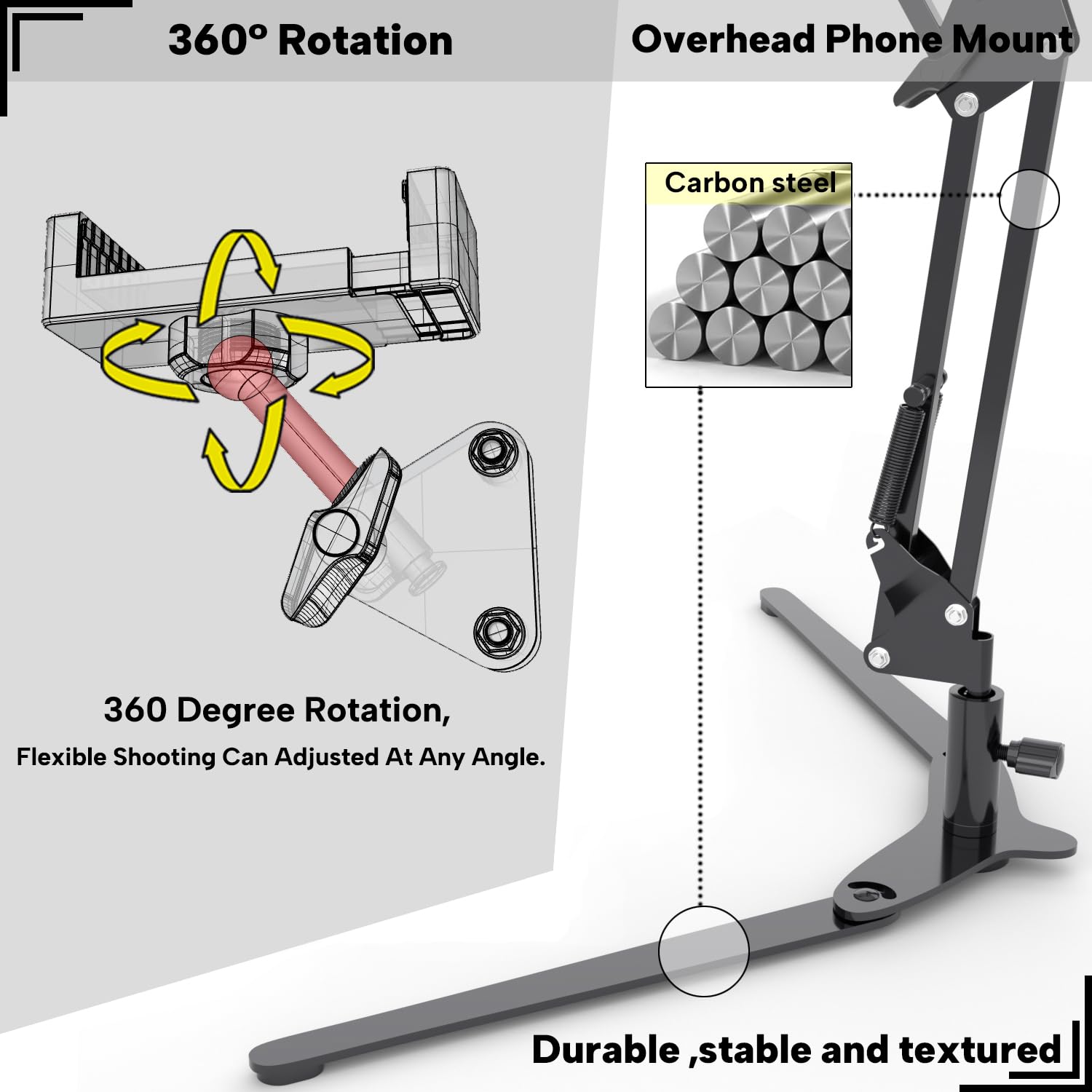 Mlsac Overhead Phone Mount With Holder, Phone Stand For Recording, Adjustable Tabletop Stand For Live Streaming Online Video And Food Crafting Demo Drawing Sketching