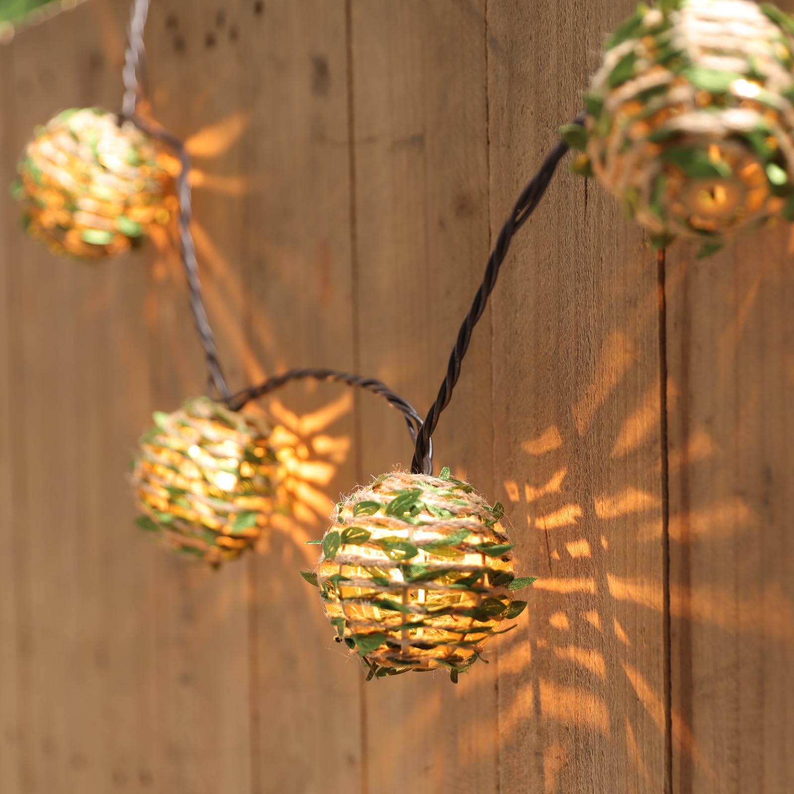 Twinkvilla Decorative Lantern String Lights, Outdoor Plug In Hanging Lights With 10 Natural Hemp Rope Leaf Balls, Connectable Weatherproof Patio Globe Boho String Lights For Home Pergola Porch Party Backyard