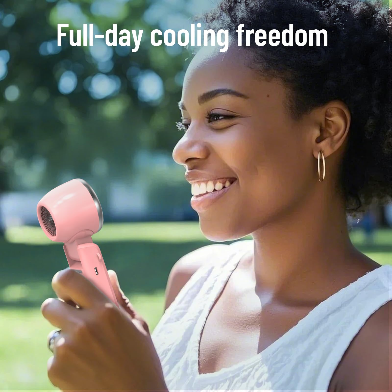 Rechargeable handheld fan with 16000RPM motor and long-lasting battery perfect for hot weather