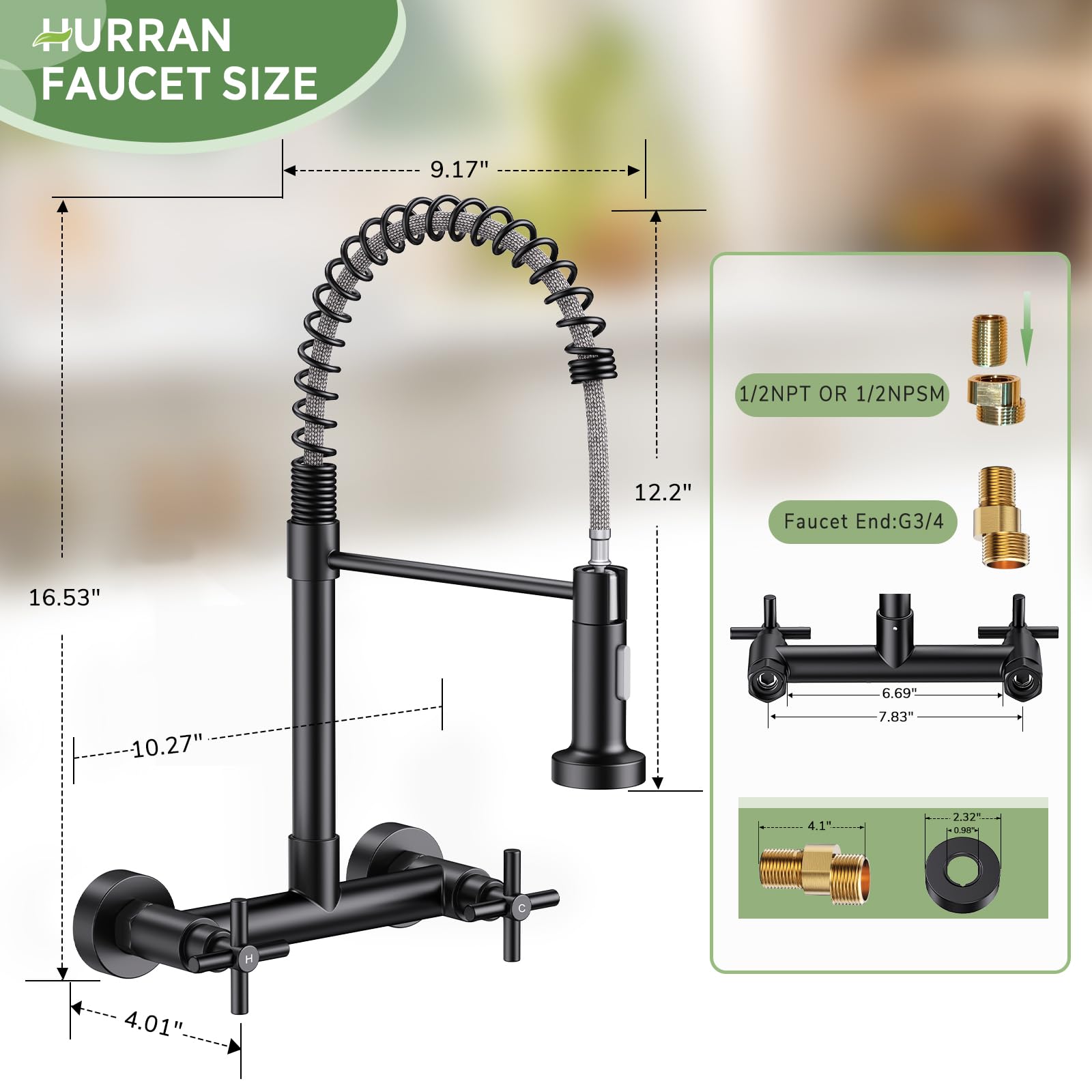 Hurran Wall Mount Kitchen Faucet, Matte Black Kitchen Sink Faucet, 8 Inch 2 Handle Wall Mount Commercial Sink Faucet With Pull Down Sprayer For Kitchen Laundry Room Restaurant