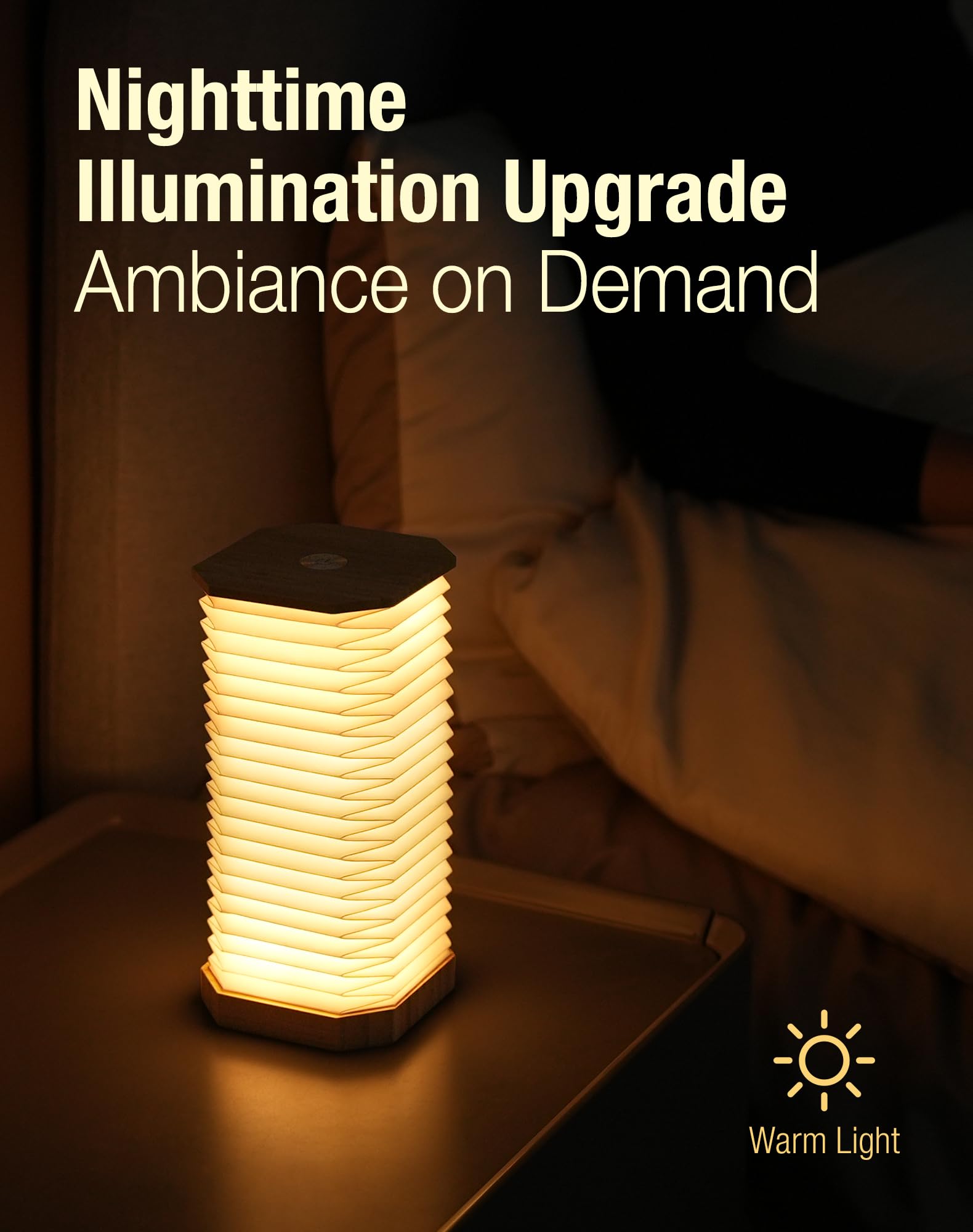 Zbole Vertical Accordion Lamp, Warm Light, Adjustable Height & Brightness, Usb Charging, Ideal For Home Decor & (Walnut)