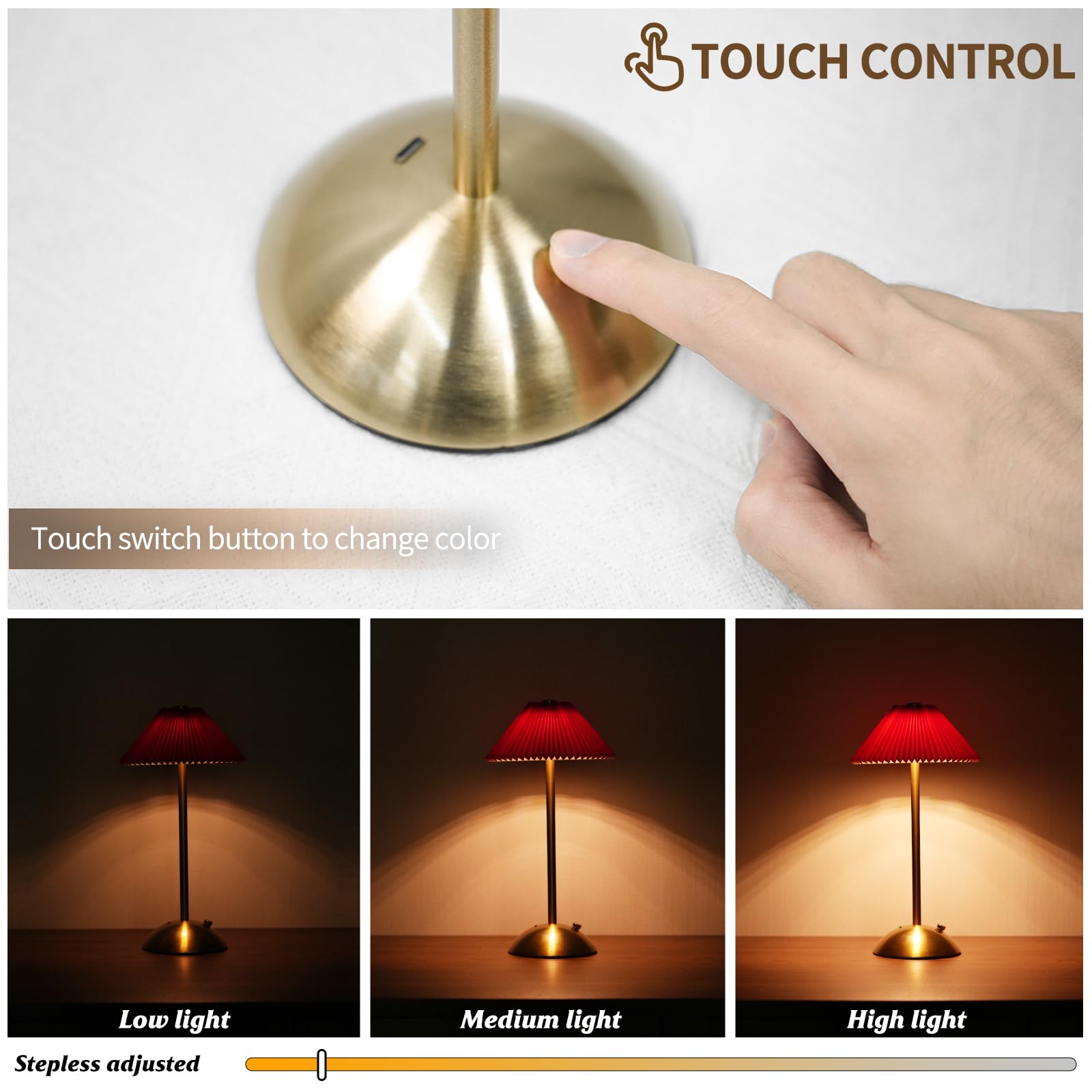 Haidoliang Cordless Led Table Lamp, Bedside Modern Dimmable Touch Lamp With Usb Port For Bedroom, Living Room, Student Dormitory (Red)