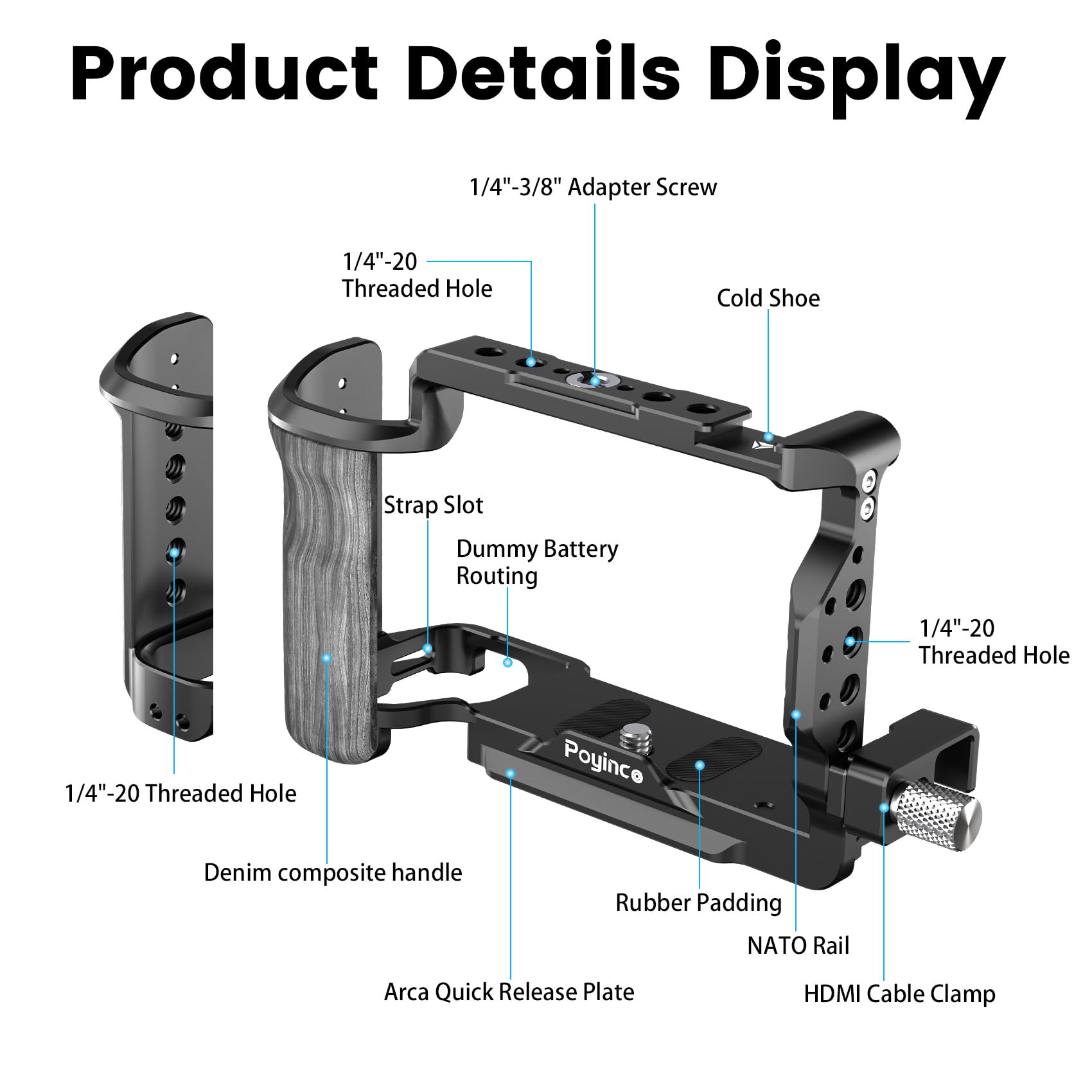 Poyinco Compatible With Sony Zv-E1 Camera Bracket, Composite Handle And Hdmi Cable Clip, Nato Rail, Cold Shoe And Multiple 1/4" And 3/8" Threaded Holes, Aluminum Video Bracket Jn-098A