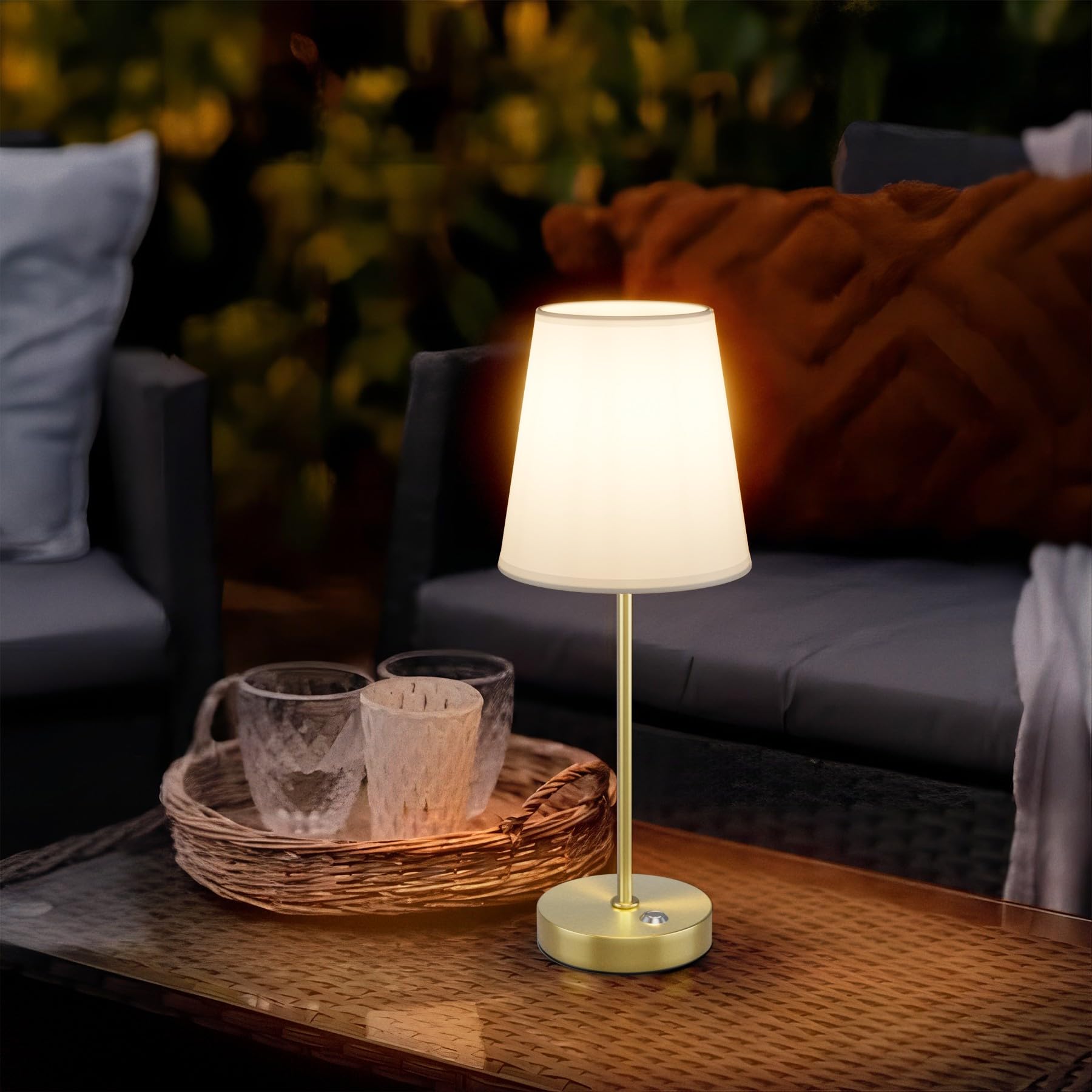 Irotine 1 Pack Gold Cordless Table Lamp Rechargeable Battery Powered 6000Mah Led Fabric Table Lamp With 6W Bulb And Dimmer,Dimmable Bedside Night Lamp,Patio Table Lamp,Ambient Light For Restaurant