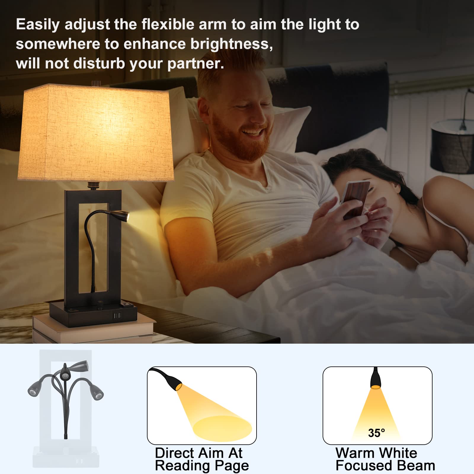 Trlife Table Lamp With Usb Charging Ports And Ac Outlet, Fully Dimmable Modern Nightstand Lamp With Fabric Lampshade For Reading Living Room Office, Attached A Led Gooseneck Spotlight(Bulb Included)
