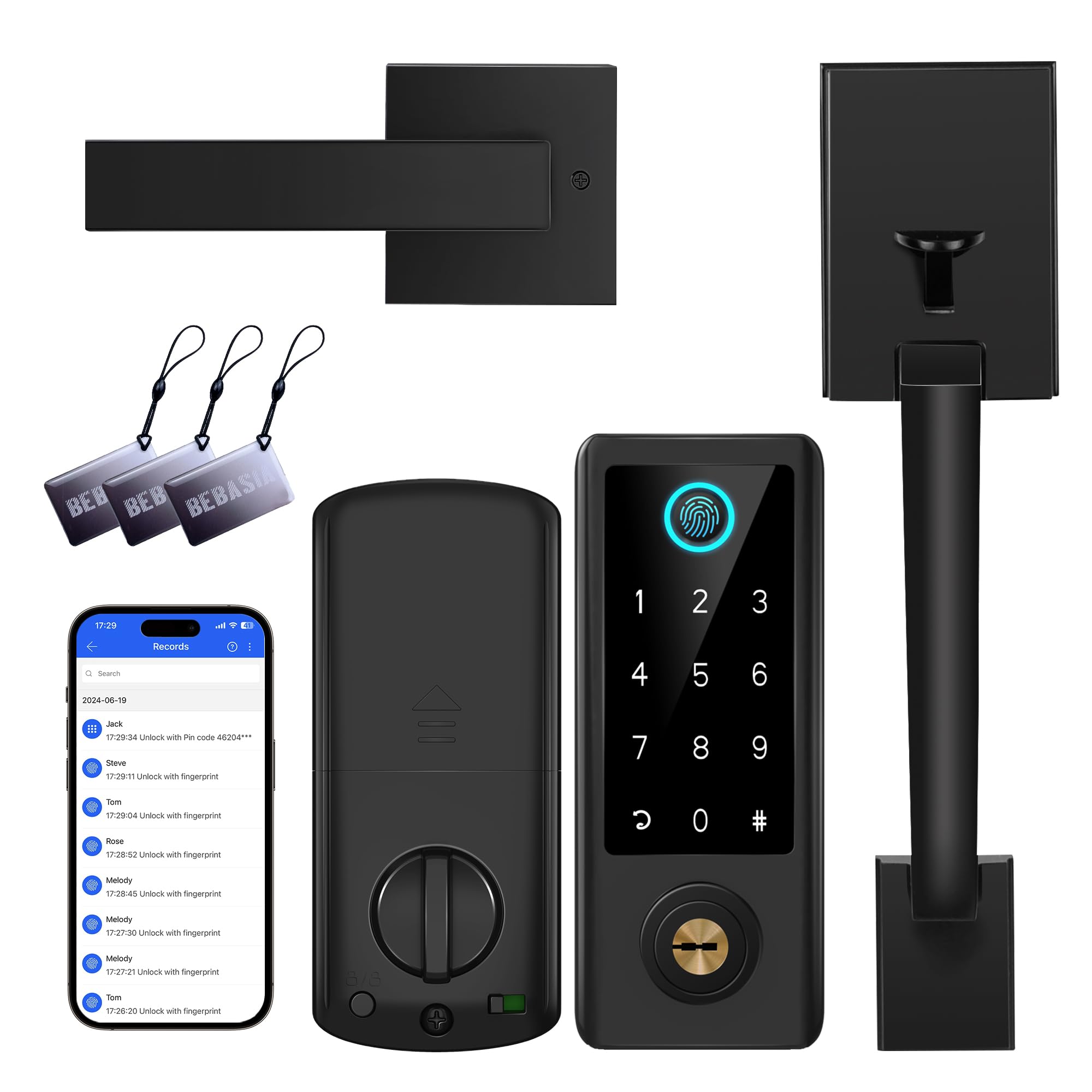 Bebasia Fingerprint Door Lock With Handle Sets, Keyless Entry Door Lock, Bluetooth Front Handle Set, Smart Deadbolt, Electronic Keypad Digital Lock With Handle, Black