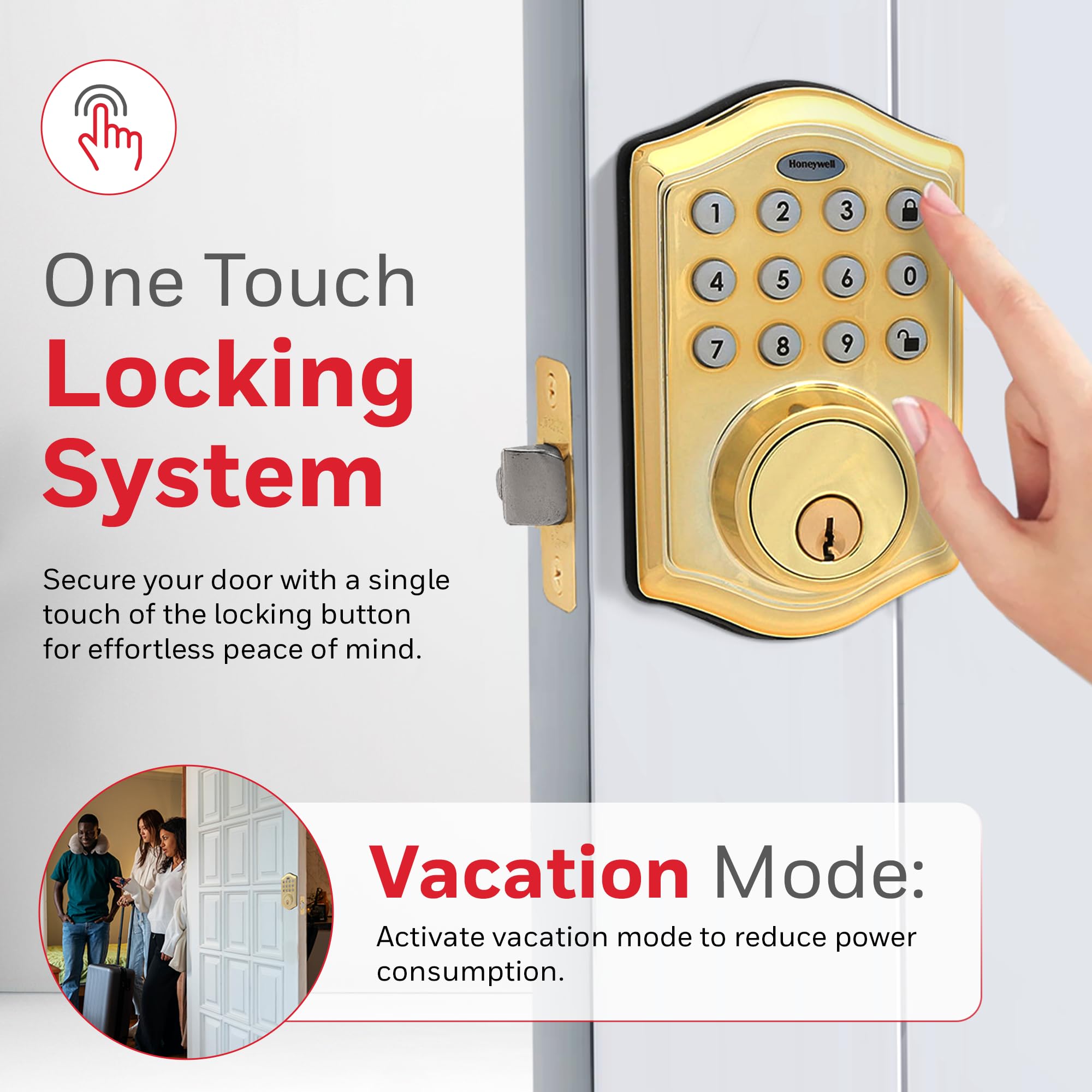 Honeywell Safes & Door Locks - Keyless Entry Door Lock With Smart Electronic Keypad Deadbolt - Easy Installation & 50 Different User Pin Codes - Auto Lock - Polished Brass - 2.9 X 2 X 6.2 In - 8712009