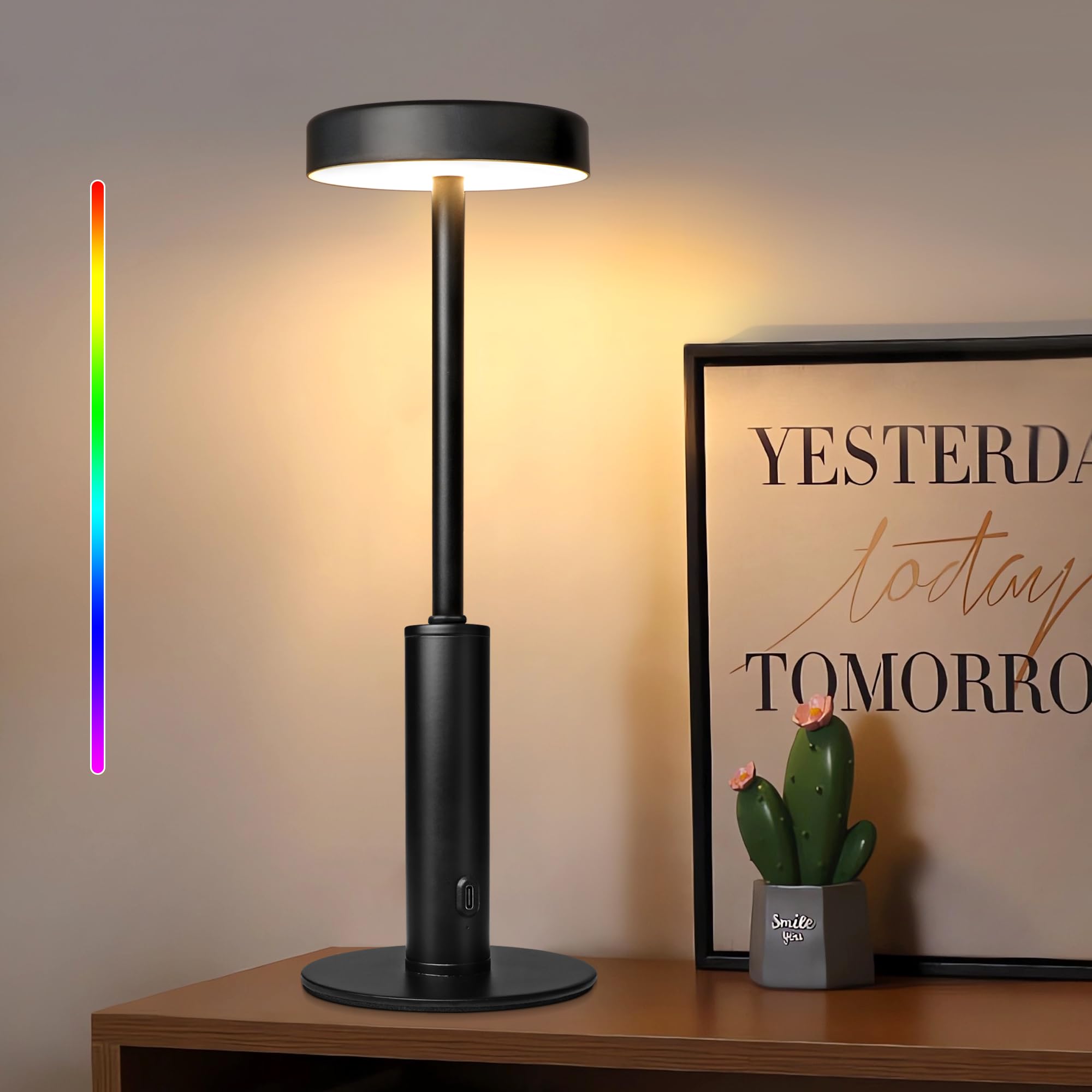 Ascher Small Cordless Table Lamp, 3 Color Temperatures & 7 Rgb Colors, Built-In Rechargeable Battery, Dimmable Touch Bedside Lamps, Ambient Lamp For Bedroom,Dining Room Restaurant Cafe Patio(Black)