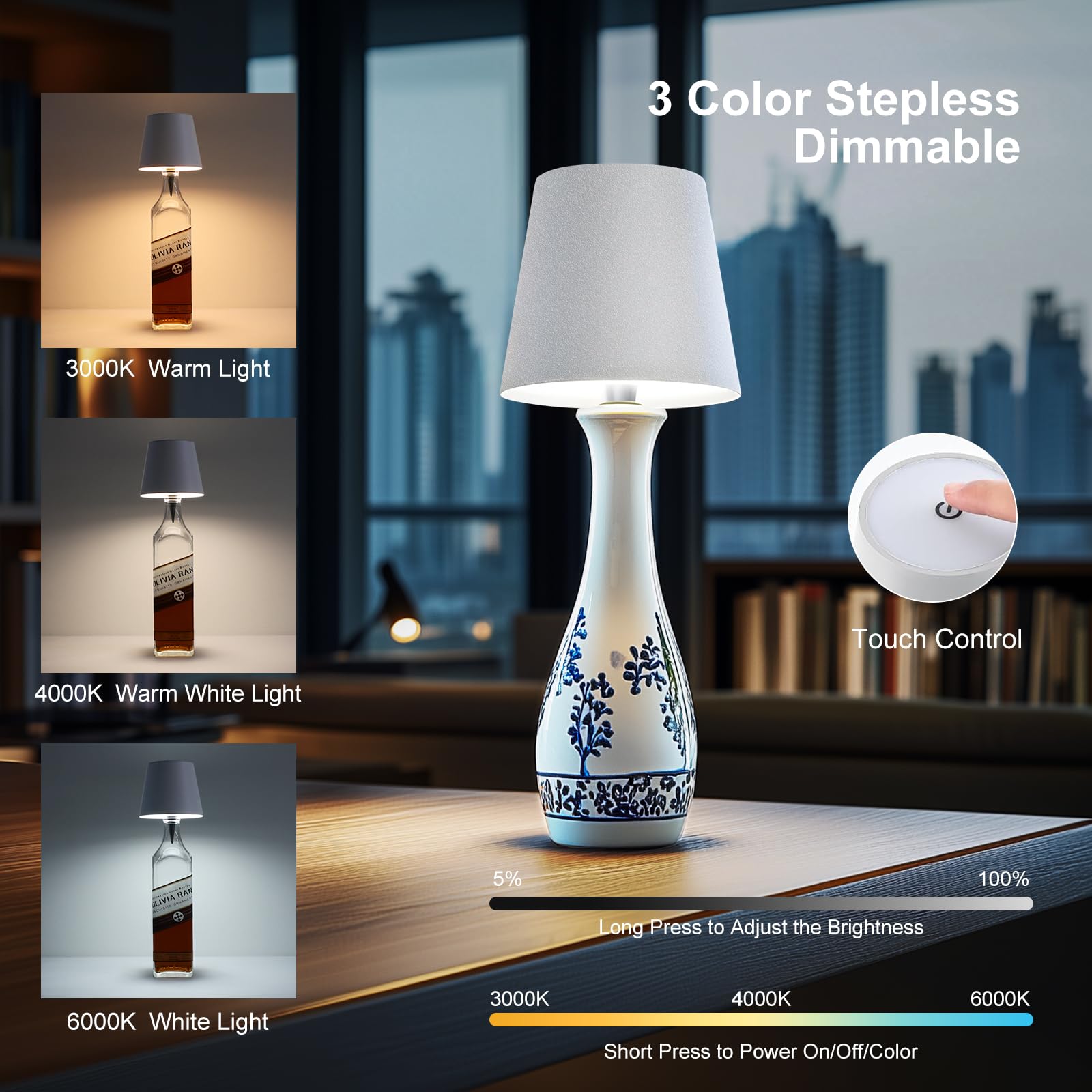 Soudfk Wireless Bottle Lamp, 3 Color Rechargeable Wine Bottle Lights For Bars Restaurants (Dark Green, 1Pc)