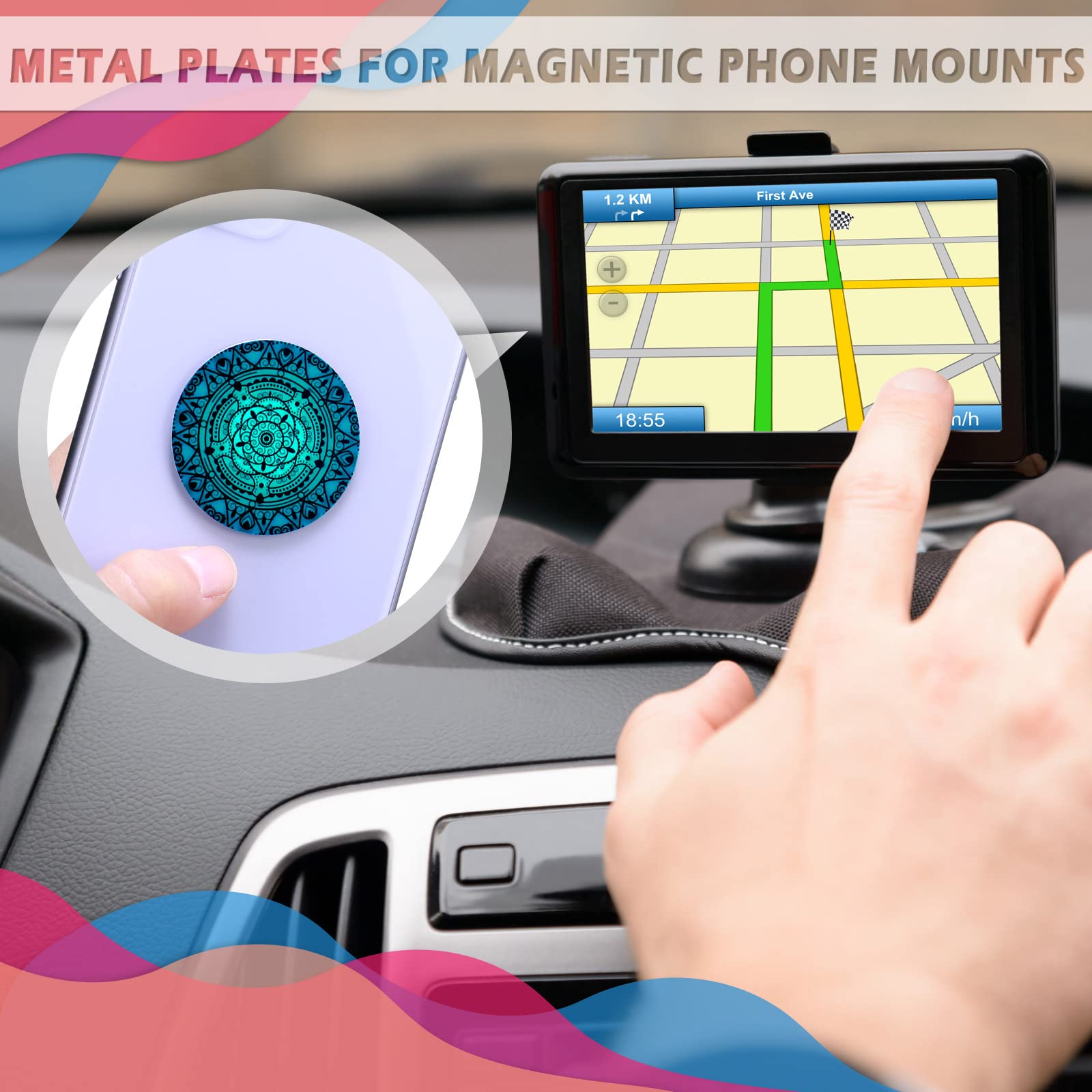 Weewooday 18 Pcs Magnetic Phone Plates Car Metal Plate Mandala Flower Round Mount Holder With Adhesive For Phone Magnet, Magnetic Car Mounts Replacement Sticker, Milky Way'S Mandala