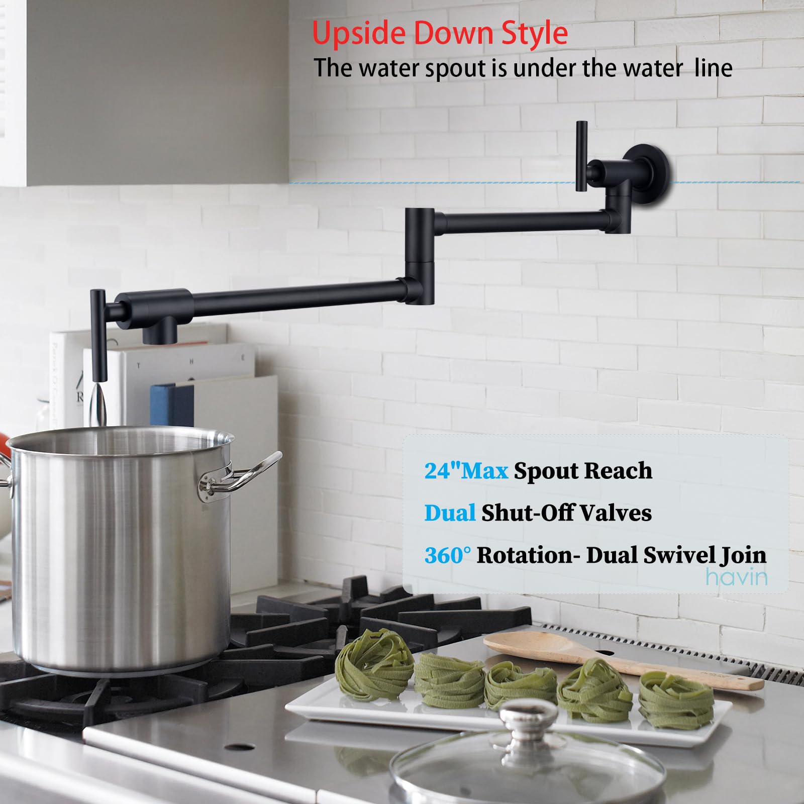 Havin Upside Down Design Pot Filler,Black Color,Wall Mount Pot Filler Faucet, Kitchen Folding Faucet,Coffee Machine Faucet With Stretchable Double Joint Swing Arms, Matte Black