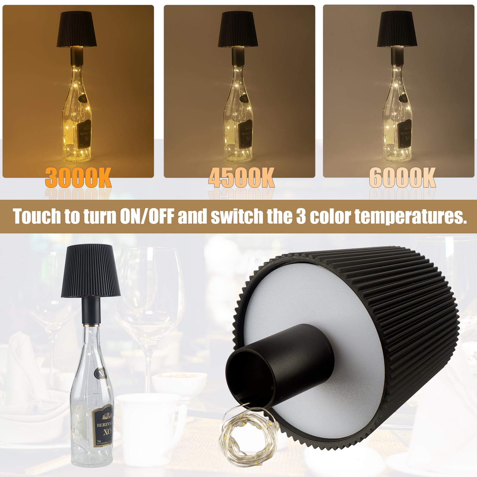 Oruno Wireless Bottle Lamp, Rgb Modes & 3 Color Stepless Dimming Bottle Lamp Shade, 5600Mah Rechargeable Touch Table Lamp With 80Cm Led Strip Lights, Desk Lamp For Bedrooms/Restaurants/Bars (Black)