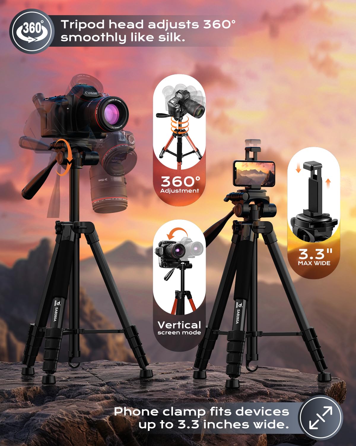 Jobfri 73" Camera Tripod Stand, Compatible With Gopro/Dslr/Cell Phone/Camcorder, With Phone Holder, Travel Bag,Max Load 8.8Lb (Matte Black)