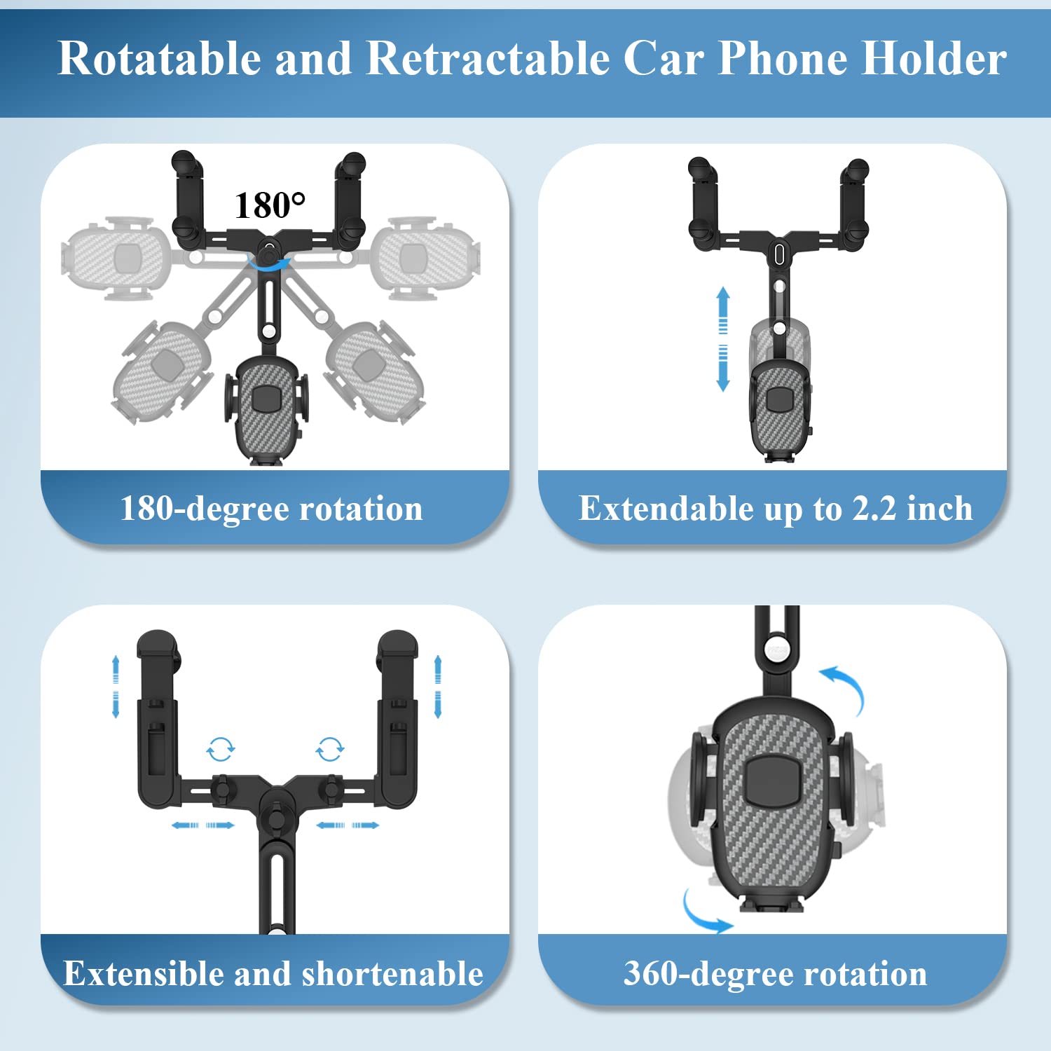 Miuolv Car Phone Holder For Rearview Mirror, 360 Rotatable And Retractable, Fits 4.0-7.0 Inch Smartphones, Mirror-Black
