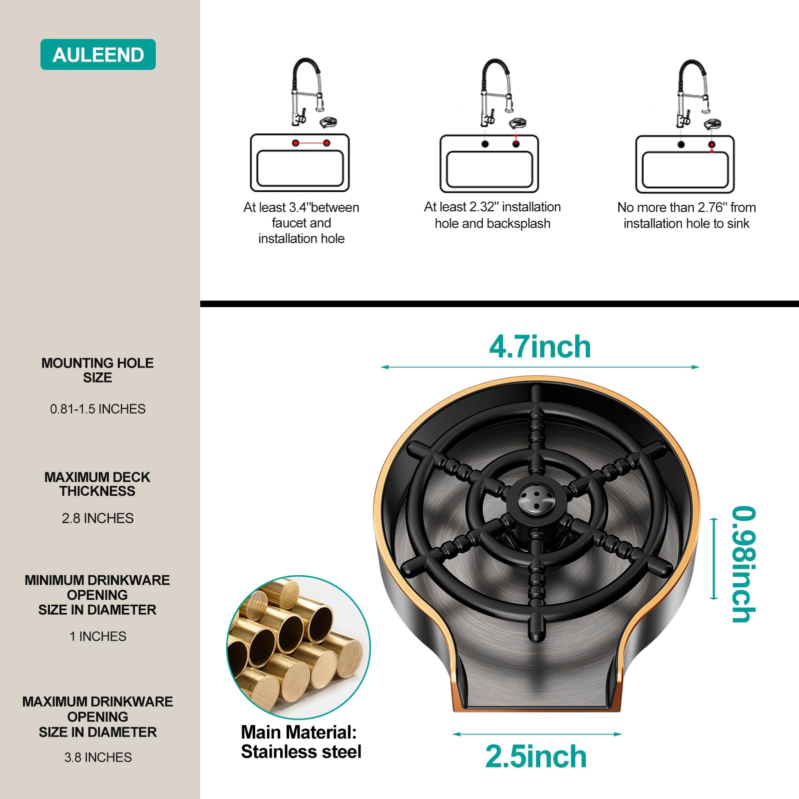 Auleend Brass Faucet Glass Rinser For Kitchen Sinks,Bottle Washer,Kitchen Sink Accessories (Orb)