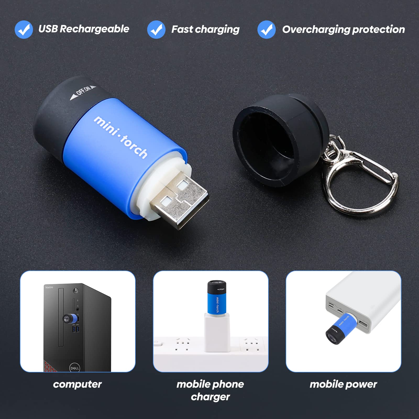 Tileon Mini Keychain Light,Usb Rechargeable Keychain Flashlights 3 Pack Waterproof Small Flashlights For Emergency Led Tiny Flashlight Colorful  For Kids Students Family