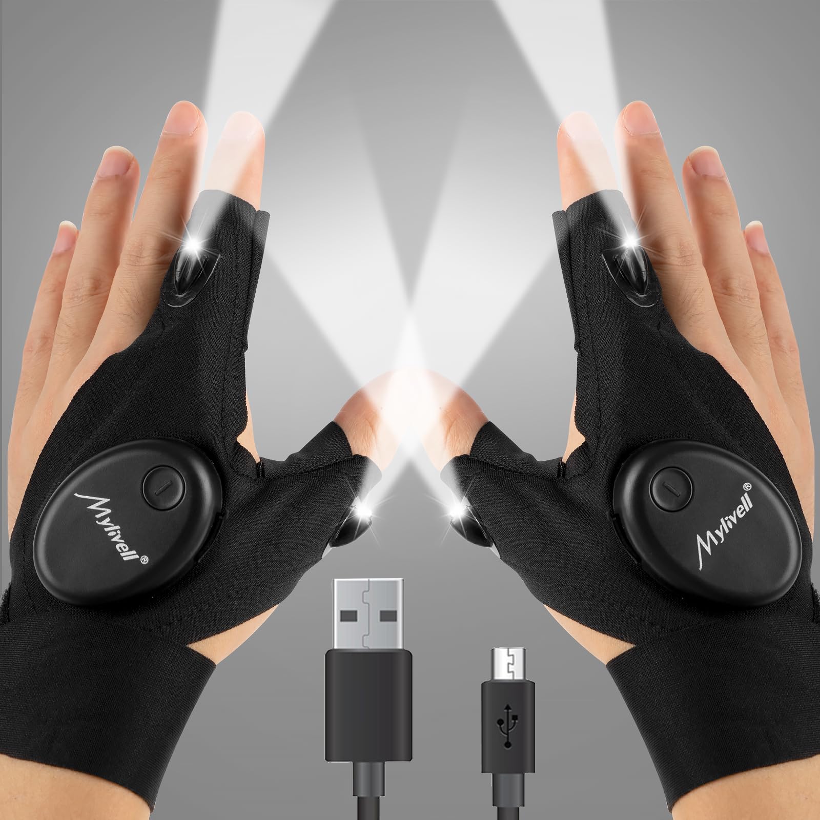 Mylivell Hands Led Flashlight Gloves Unique  For Men Women Dad Him Boyfriend Husband, Ideal For Fishing Camping Repairing Bright Flexible Rechargeable Fathers Day Christmas Birthday 