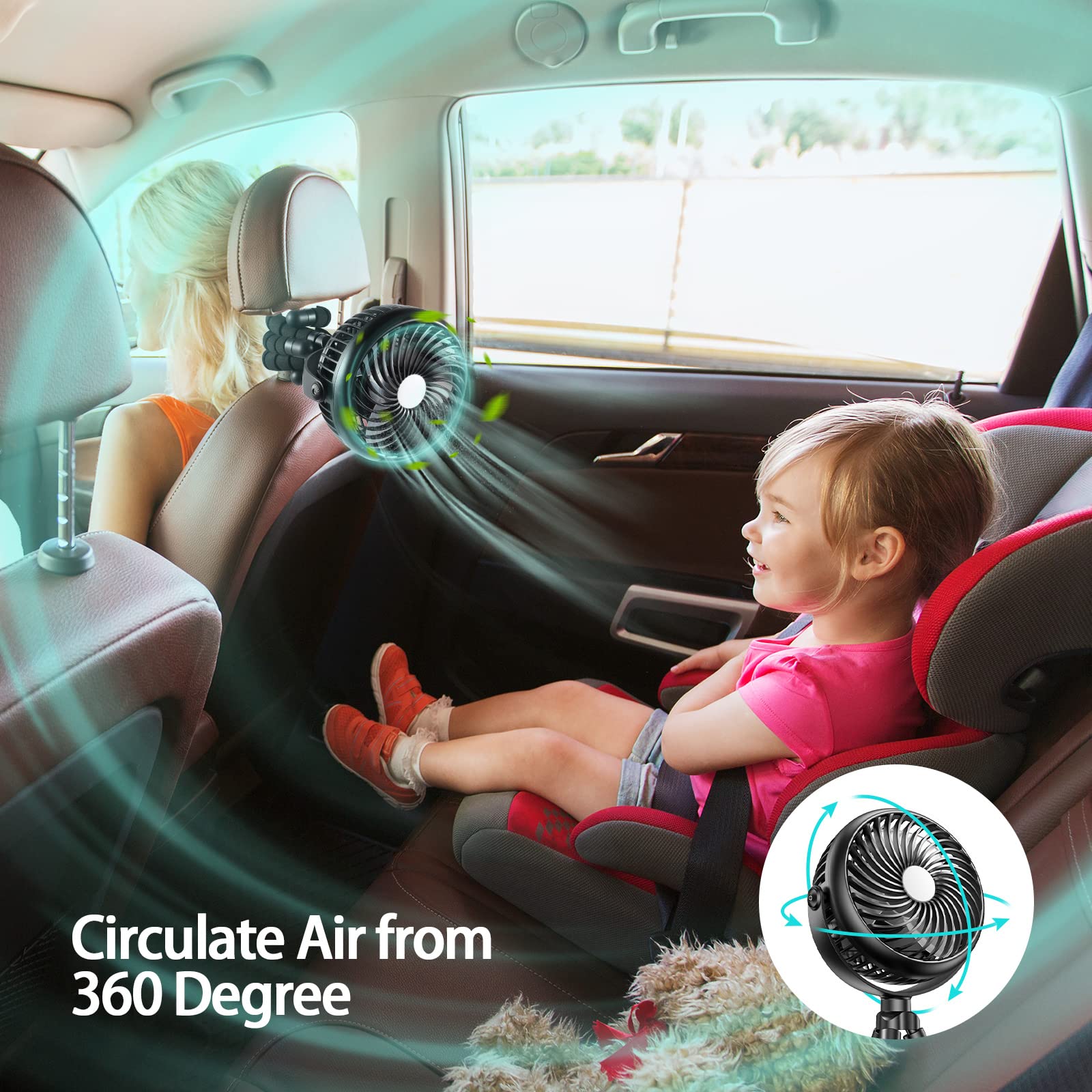 Car Seat Fan - 5000Mah Battery Operated Portable Clip-On Fan With Flexible Tripod - 360-Degree