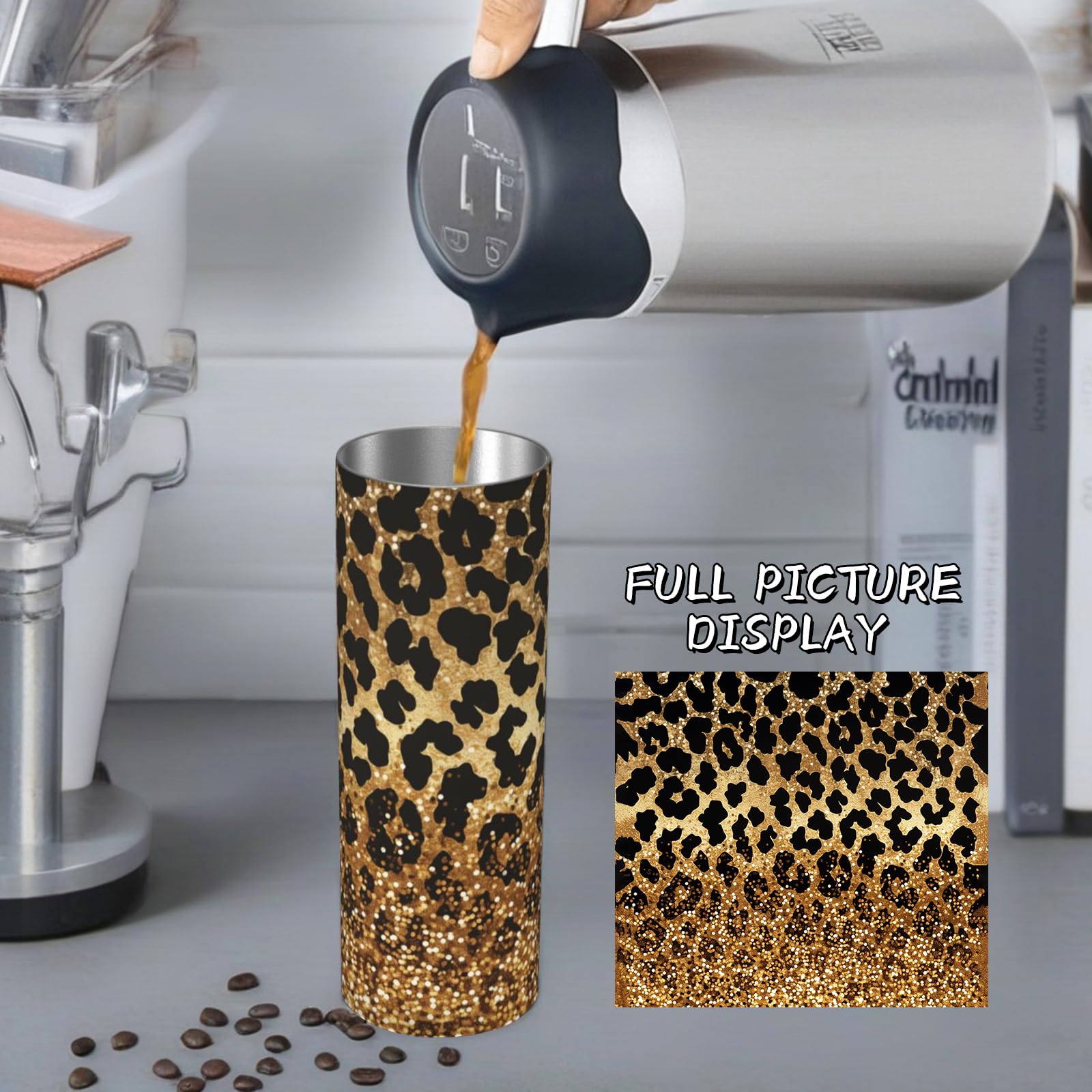 Glitter Leopard Stainless Steel Insulated Tumbler With Lid And Straw - 20Oz Gold Cheetah Travel Mug