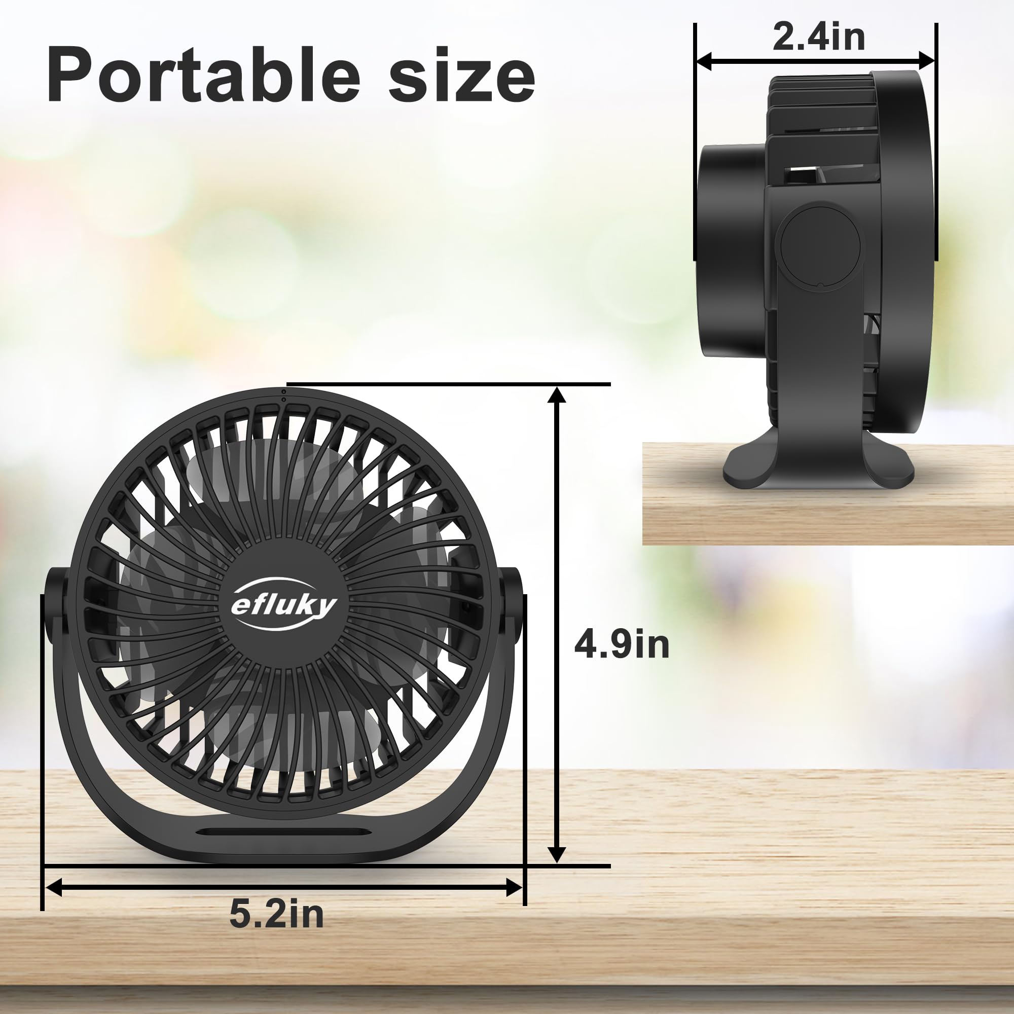 Efluky Usb Small Desk Fan, 3 Speeds Usb Rechargeable Fan Built-In Battery, 360° Adjustment Portable