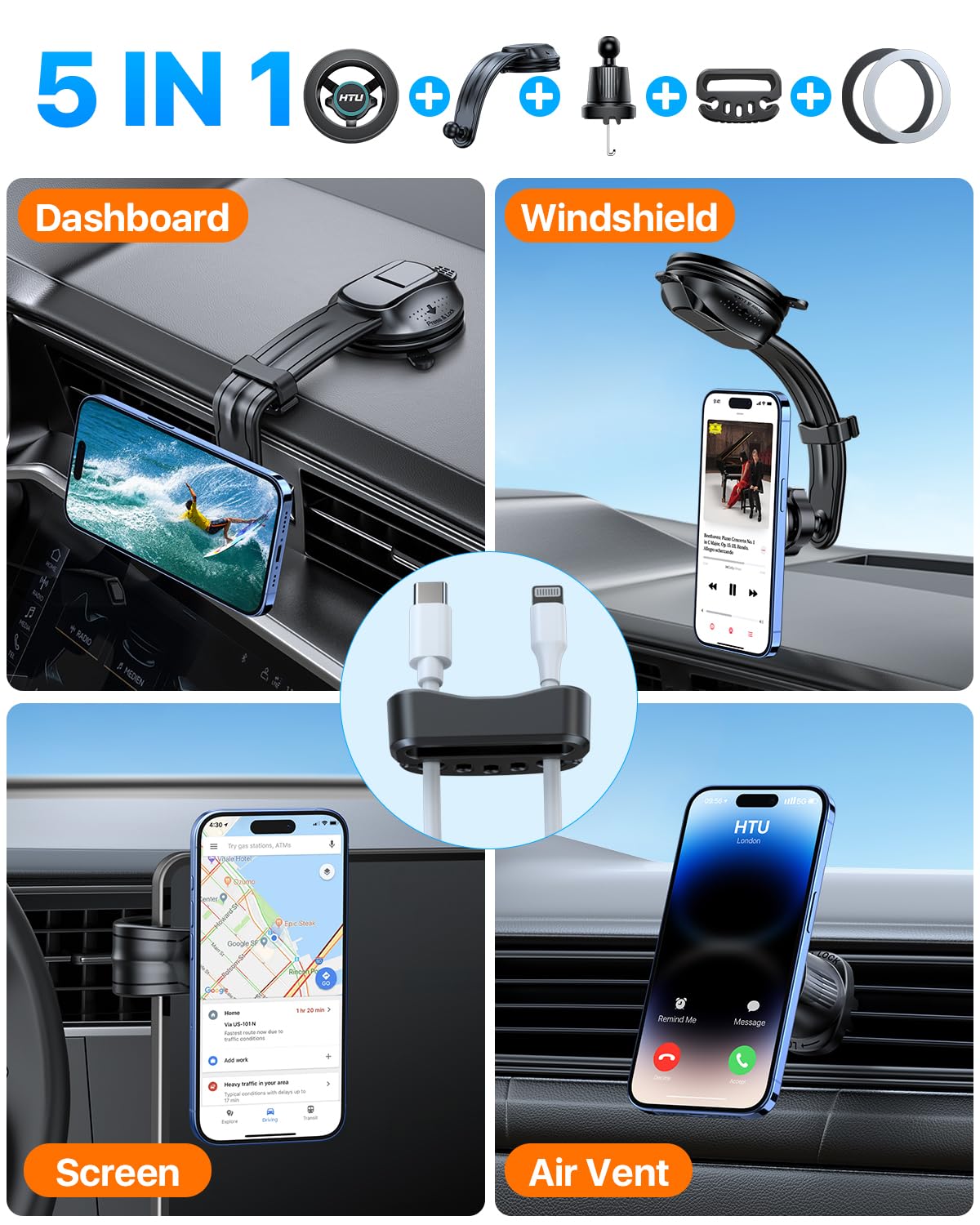 Htu   For Magsafe Car Mount 【Strongest Magnet & Suction】 5-In-1 Bendable Dashboard Windshield Vent Vacuum Magnetic Phone Holder For Iphone 16 15【Patent & Safety Cert】, Non-Charging, Blue
