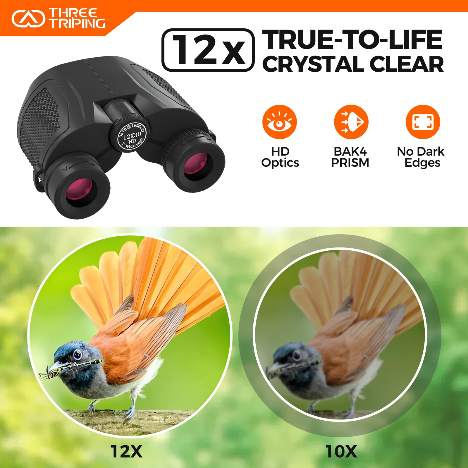 Three Triping 12X30 Compact Binoculars For Adults Kids, High Powered Lightweight Small Binoculars With Phone Adapter For Bird Watching Hiking Cruise Safari Viewing Football Sports Concert, Waterproof Bak4 Binocular