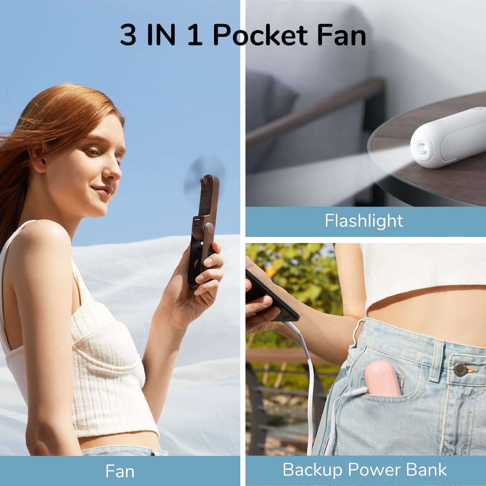 JISULIFE Handheld Mini Fan, 3 IN 1 USB Rechargeable Portable Fan [12-19 Working Hours] with Power Bank, Flashlight, Pocket Design for Travel/Summer/Concerts