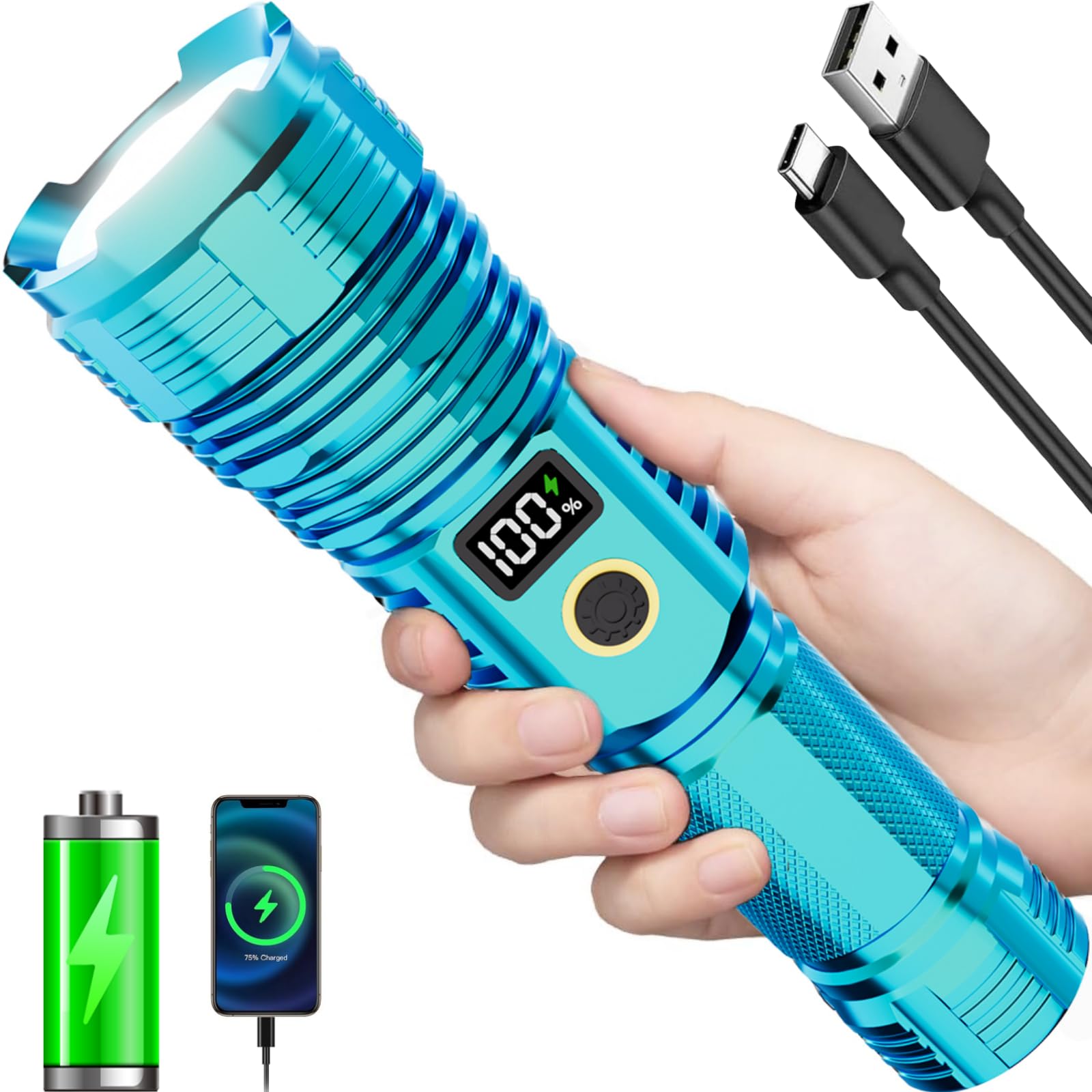 Childbot Flashlights High Lumens Rechargeable, 2000Lm Led Super Bright Flash Light, Zoomable Linternas With Lcd Digital Display, 5 Mode, Waterproof, Powerful Utility Flashlight For Emergencies Camping 