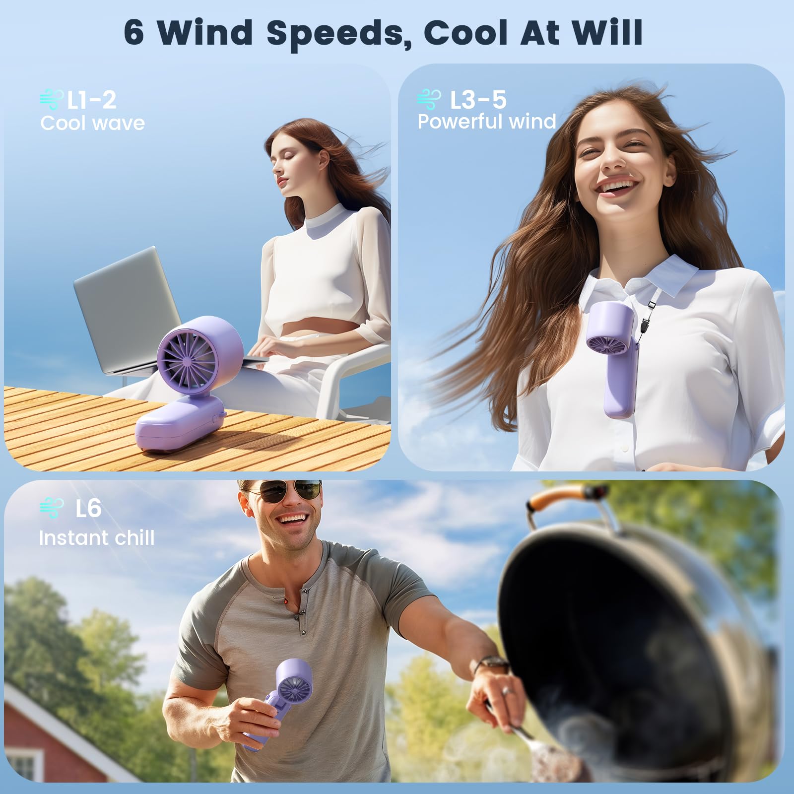 Portable Handheld Turbo Fan, 5000Mah Rechargeable Fan With 6 Speeds, Foldable Neck/Desk Fan