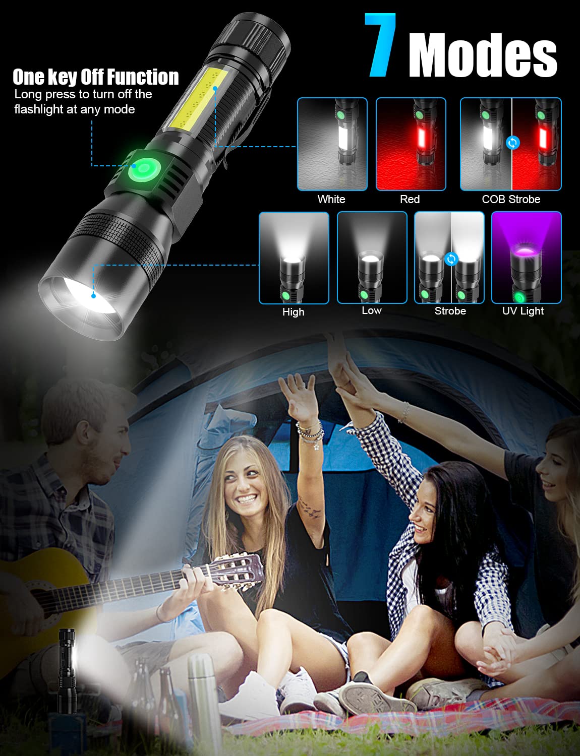Vnina Uv Rechargeable Flashlights Tactical,1000 High Lumens 3 In 1 Led Black Light Flashlight -Magnetic Base/Sidelight/Zoomable, Bright Pocket Flash Light For Stains Detection Camping Emergency,2Pcs