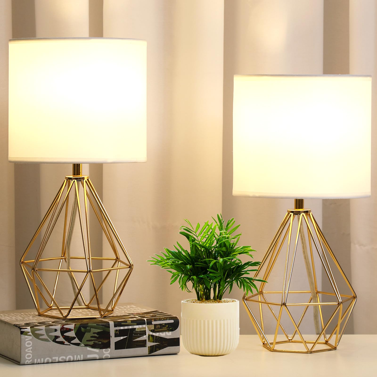 Krasty Small Gold Table Lamp Set Of 2, Bedside Nightstand Lamps With White Fabric Shade,Hollow Metal Base, Desk Lamp, Modern Geometric Table Lamp For Bedrooms, Living Room,Office