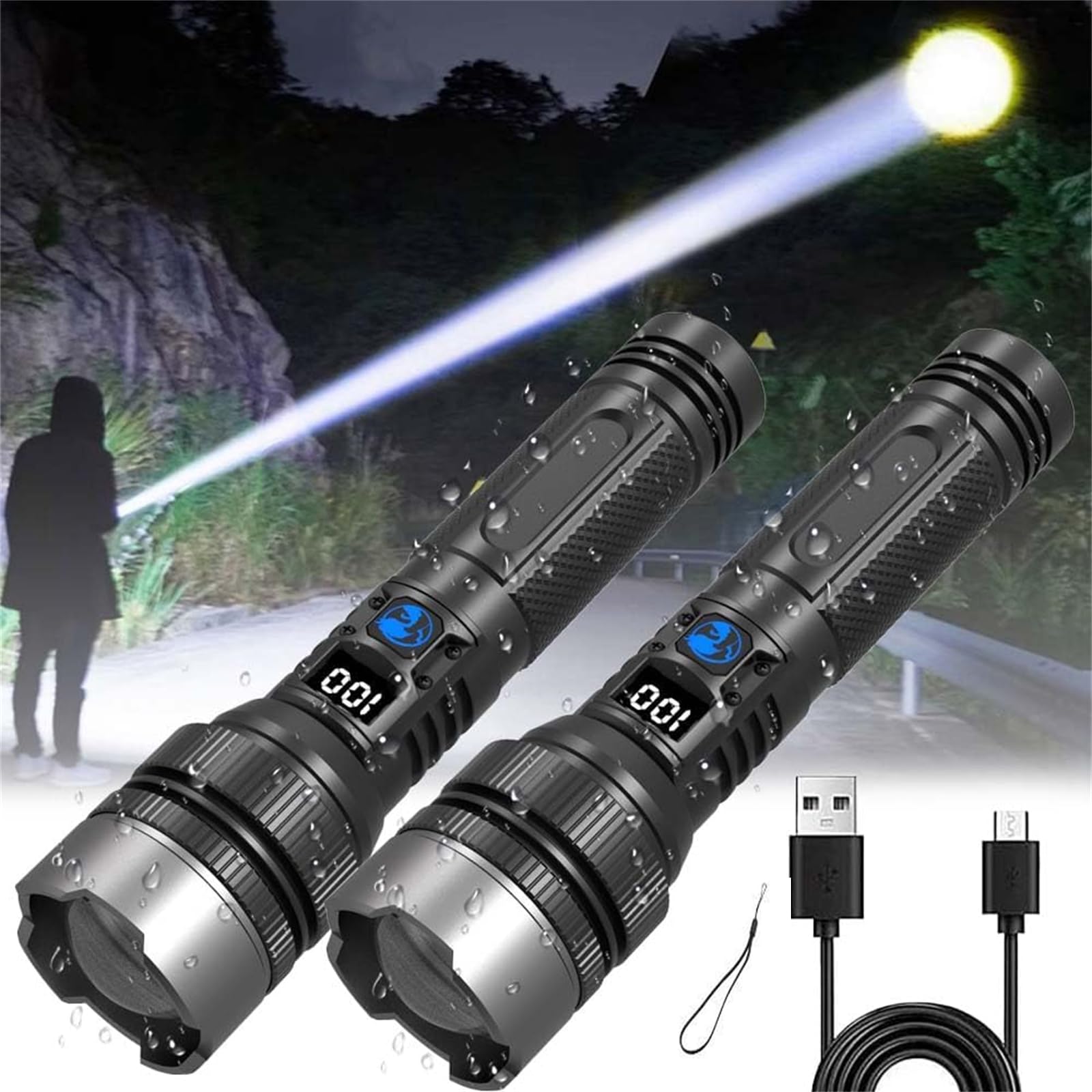 Xiuumcakee Powerful Flashlight 150000 Lumens, Rechargeable Led Flashlights High Lumens, Powerful Handheld Flashlight With 3 Modes, Bright, Waterproof, Zoomable, Outdoor And Home Emergency Use (2Pcs)