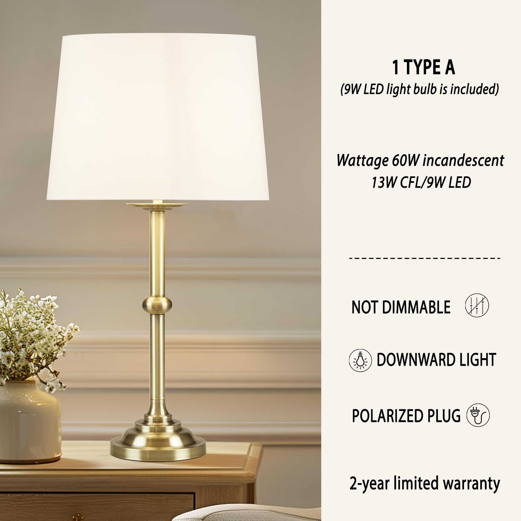 Hampton Hill Aelorian Table Lamp - Antiqued Brass Nightstand Bedside Lamp Bedford Collection, Farmhouse Study Lamp, Clear Polarized Cord, Socket Swtich, Empire Fabric Shade, 22.5" H