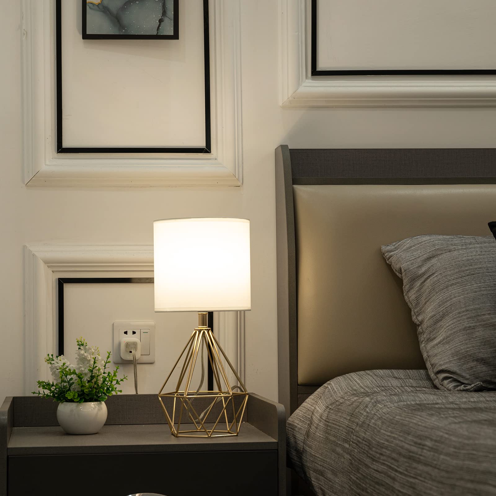 Sottae Gold Table Lamps Set Of 2, Small Gold End Table Lamp With White Fabric Shade,Bedside Nightstand Lamp With Geometric Metal Design,Modern Desk Lamp For Living Room Bedroom