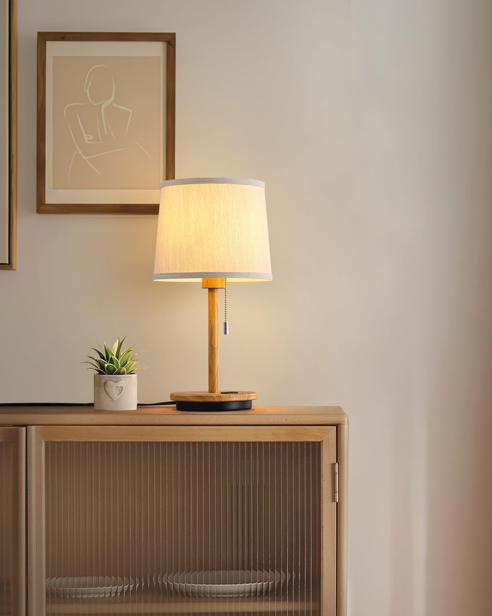 Visdanfo Modern Table Lamp For Bedroom Set Of 2, Desk Lamp With Usb Port, Fabric Shade 3 Brightness Levels Nightstand Lamps For Living Room, Bedside, Study Room, Dorm, Led Bulb Included (Flaxen)
