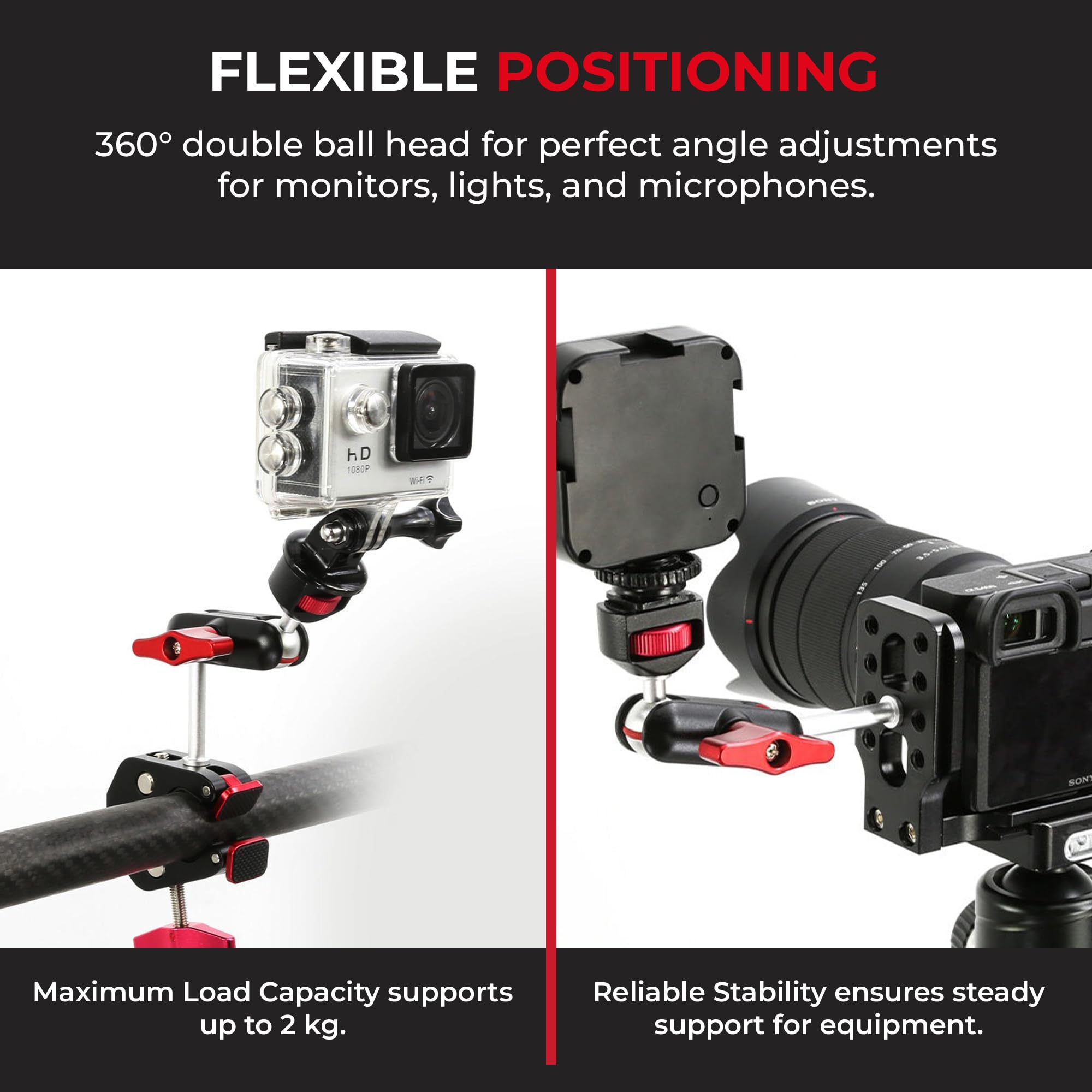 Reflex Camera Super Clamp & Magic Arm Mount With Double Ball Head – 2Kg Load Capacity, 1/4” & 3/8” Screw, Adjustable For Monitors, Led Lights, Mics, Smartphone, Gopro - Flexible & Durable