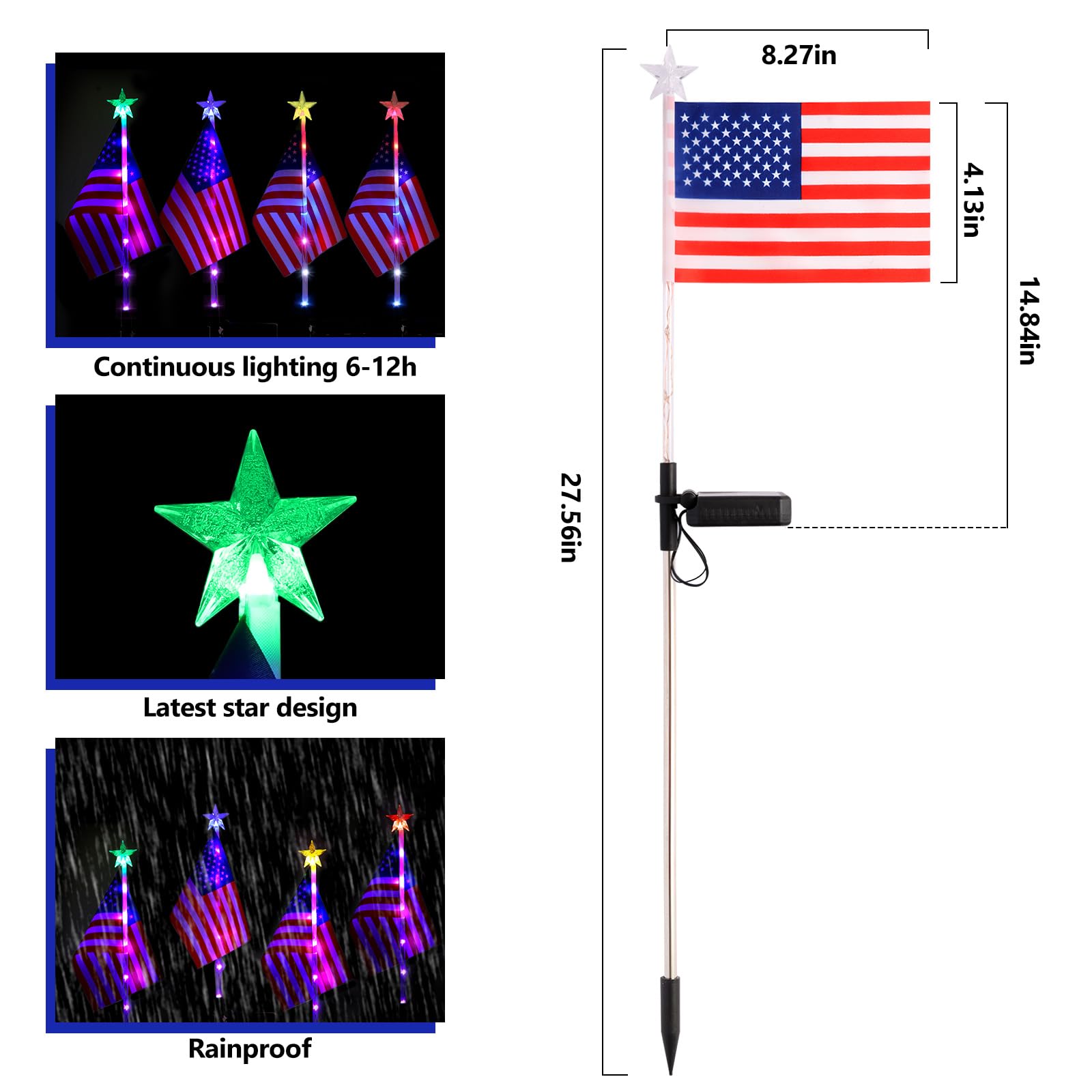 Kaitesla July 4Th Decorative Solar American Flag Lights July 4Th Solar Patriotic Flag Lights, 2 Modes Garden Pile Lights Led Landscape Lights Street Lights (Color Change), Xy-T001