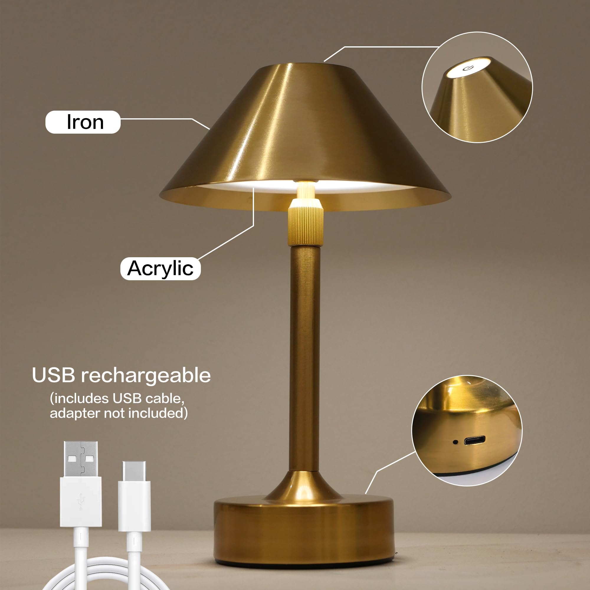 Cocugaowin Cordless Table Lamp - Rechargeable Night Light With 2000Mah Battery, Touch Control, Dimmable White/Warm/Neutral Light, Adjustable Height, Usb Charging, Ambient Led Bedside Lamp (Gold)