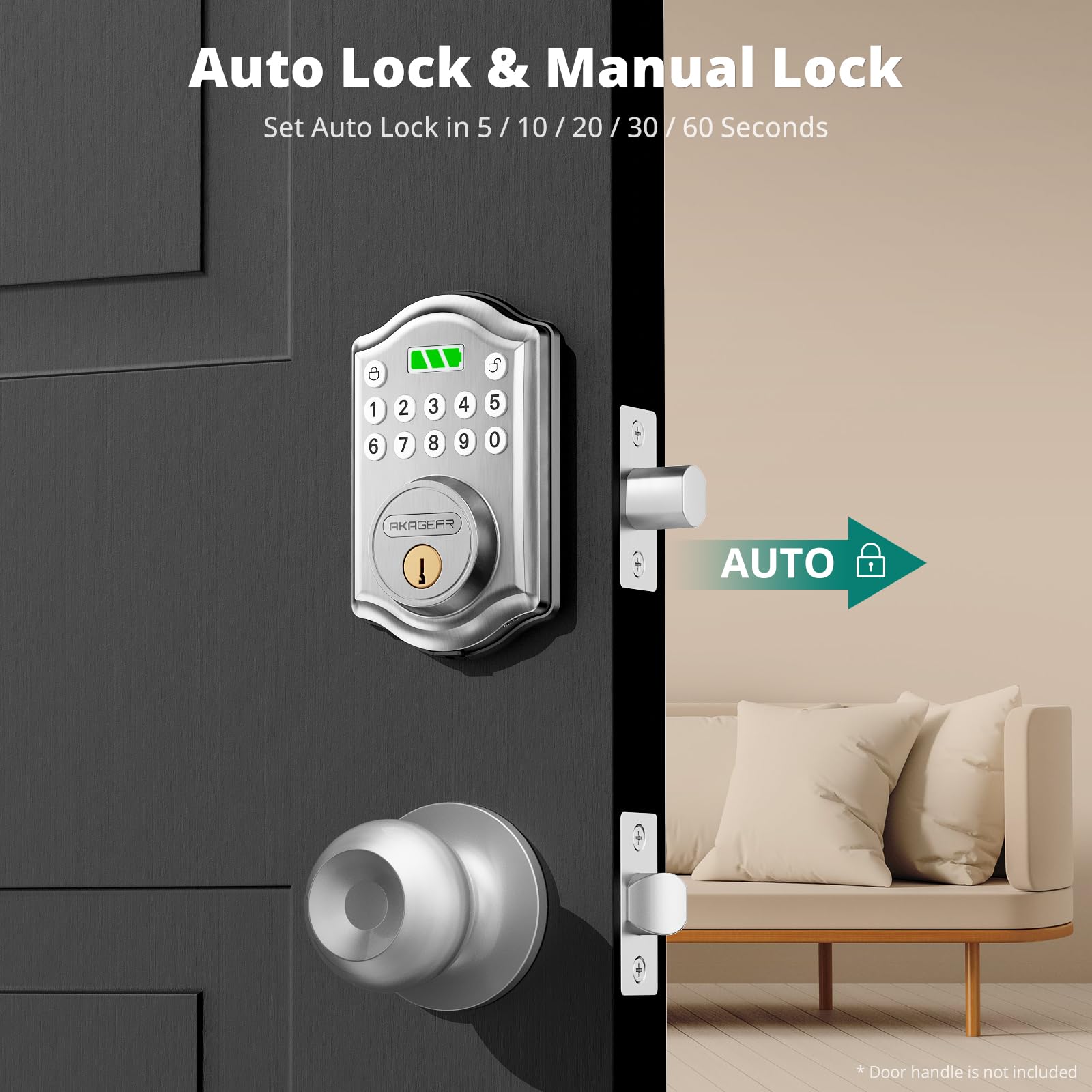 Akagear Keyless Entry Door Lock With Keypad - Smart Deadbolt Lock For Front Door With 2 Keys - Auto Lock - Easy Installation - Ds10 Mini (Satin Nickel)
