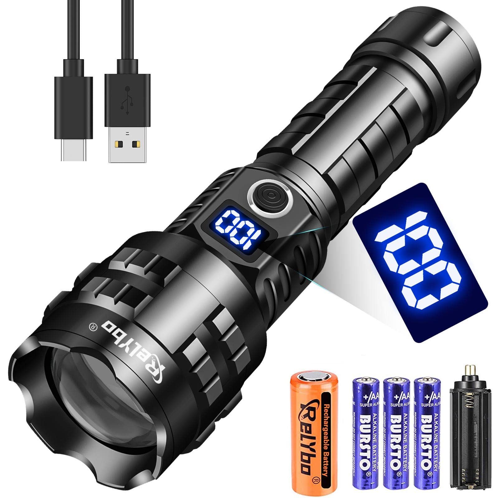 Relybo Rechargeable Led Flashlights High Lumens, 900,000 Lumens Tactical Flashlights, Super Bright High Powered Flash Light 5 Modes & 12H Long Runtime For Emergencies, Camping, Dog Walking