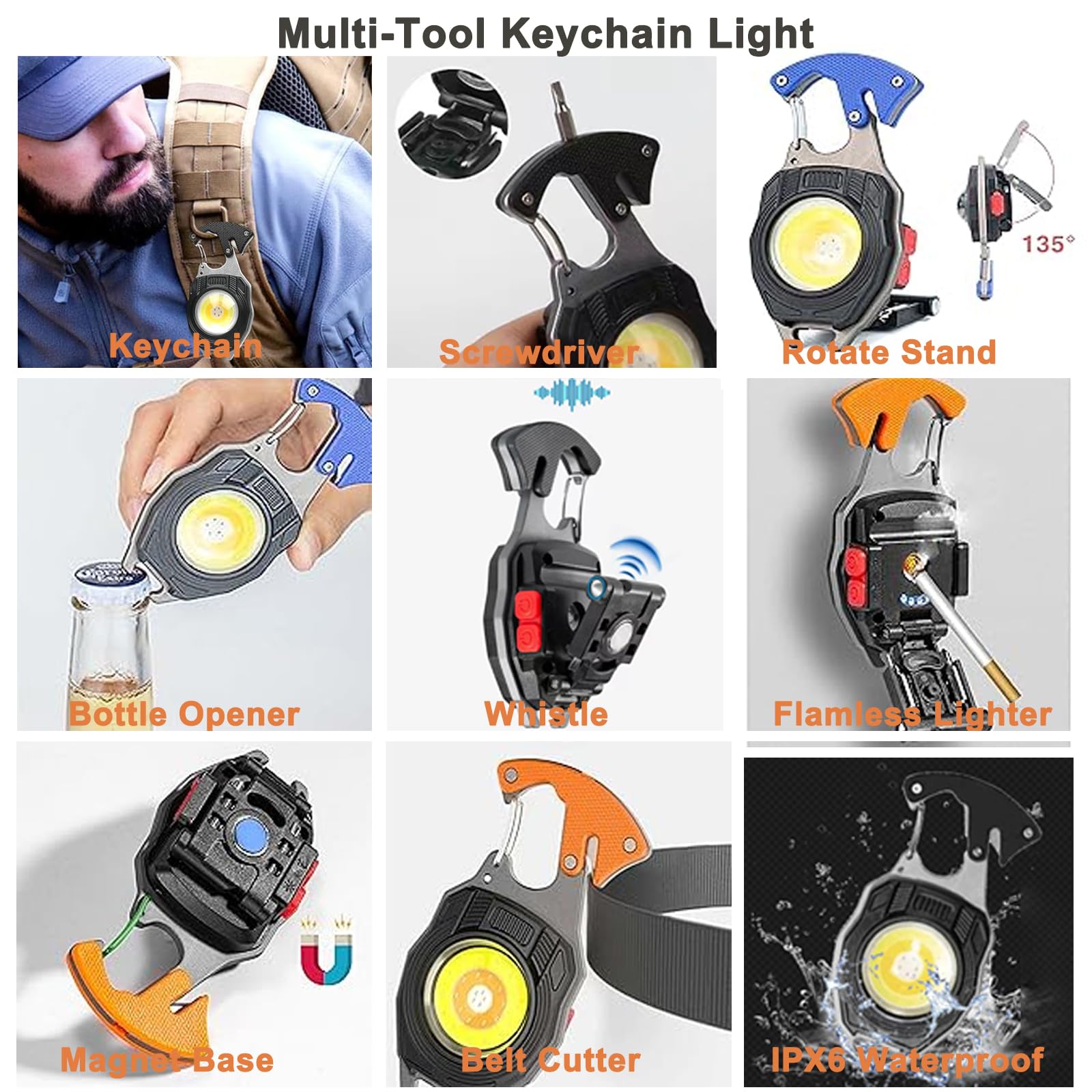 Helinyan Keychain Cob Flashlight, Multifunction Led Pocket Light, Rechargeable Emergency Light 800 Lumens, Magnetic Base Screwdriver Bottle Opener Water Resistant For Fishing Camping Hiking