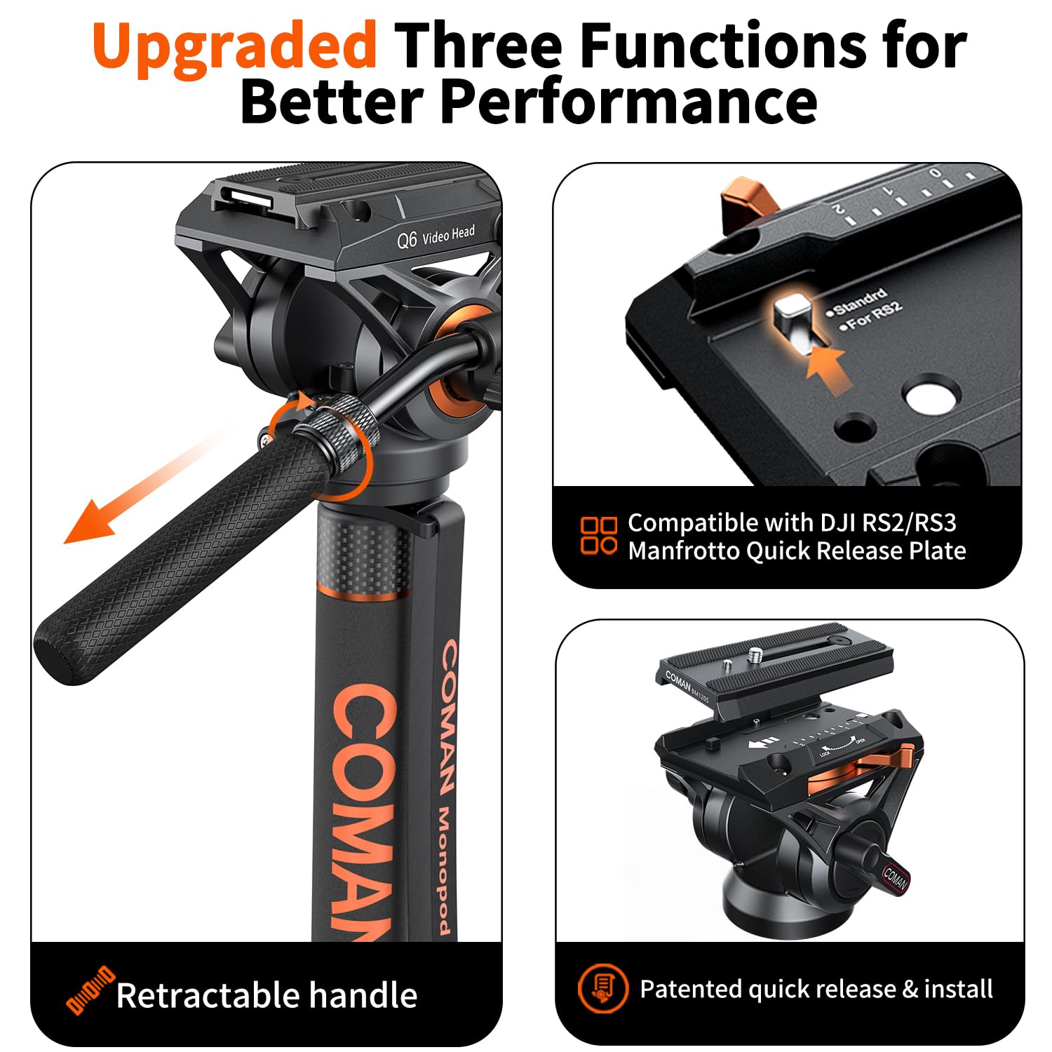Famall Monopod With Feet, Coman Professional Video Camera Monopod Q6 With Tripod Stand 70.6 Inch Max Load 22 Lbs For Cameras, Canon, Nikon, Sony, Dslr, Video Camcorder
