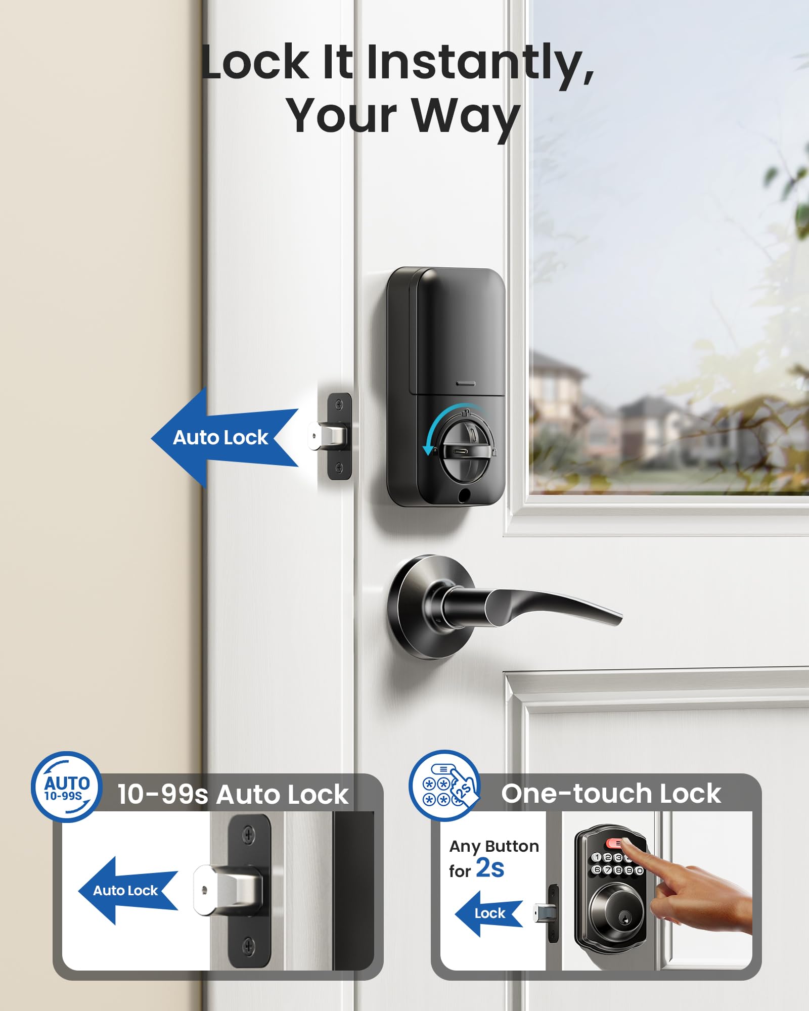 Veise Keyless Entry Door Lock With 2 Lever Handles - Electronic Keypad Deadbolt, Easy Installation Digital Smart Front Door Lock Set, Matte Black
