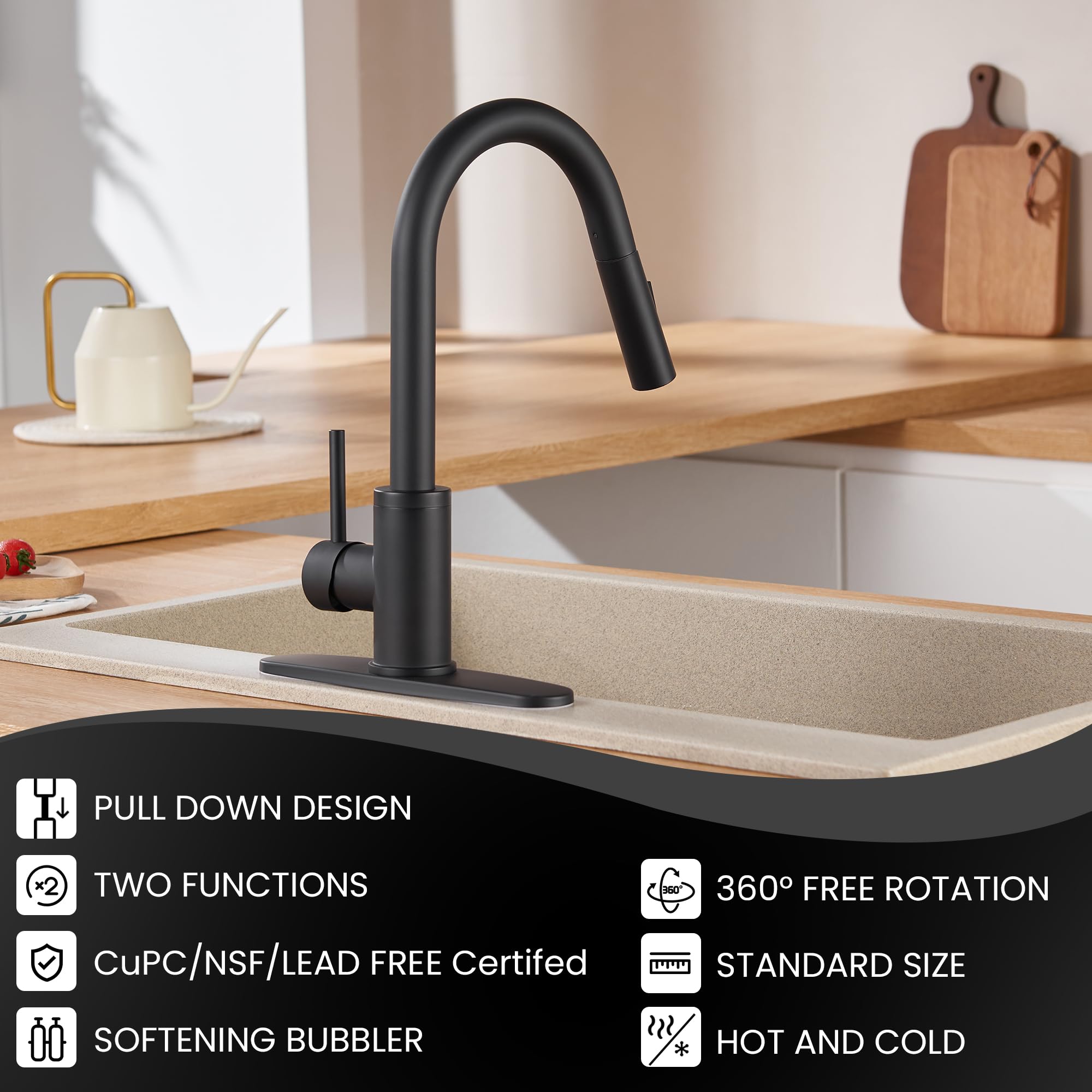 Kpw Kitchen Faucets, Matte Black Kitchen Faucet With Pull Down Sprayer, High Arc Single Handle Stainless Steel Sink Faucets 1 Or 3 Hole, Kitchen Sink Faucets For Farmhouse Campervan Laundry Rv
