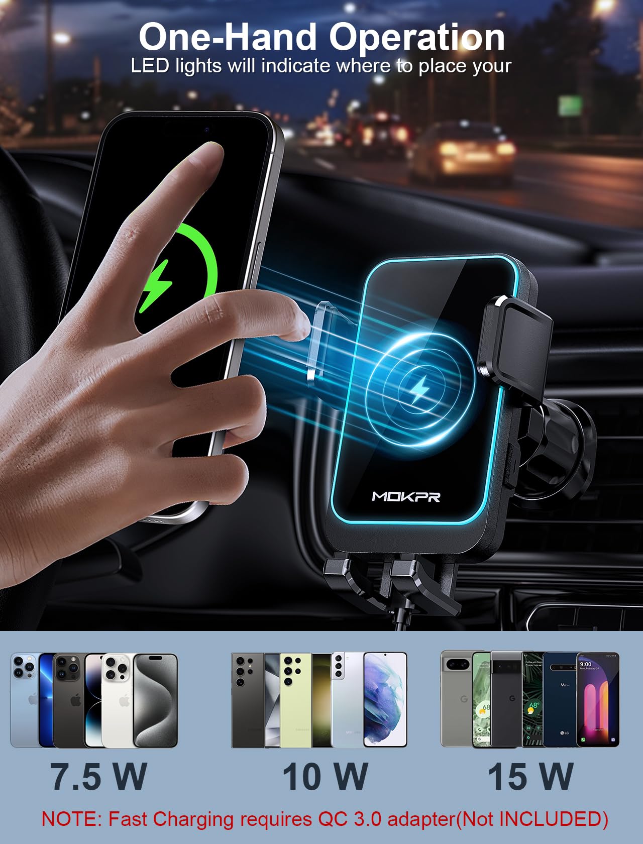 Mokpr Wireless Car Charger, 15W Fast Charging Auto Clamping Dashboard Windshield Air Vent Car Phone Holder With Led Light Car Charger For Iphone 16 15/14/13/12 Pro Max Plus, Samsung S23/S22/S21,Etc