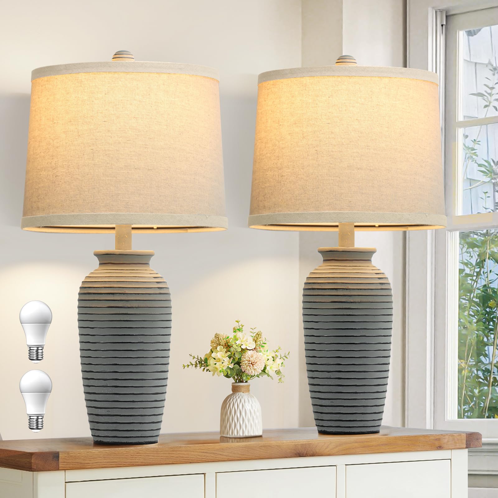 Spclsim 22.5" Farmhouse Table Lamps For Bedrooms Set Of 2, Rustic Resin Bedside Lamp With 3-Color Temperatures, Vintage Nightstand Lamp With Dark-Grey Body For Living Room End Table, Bulbs Included