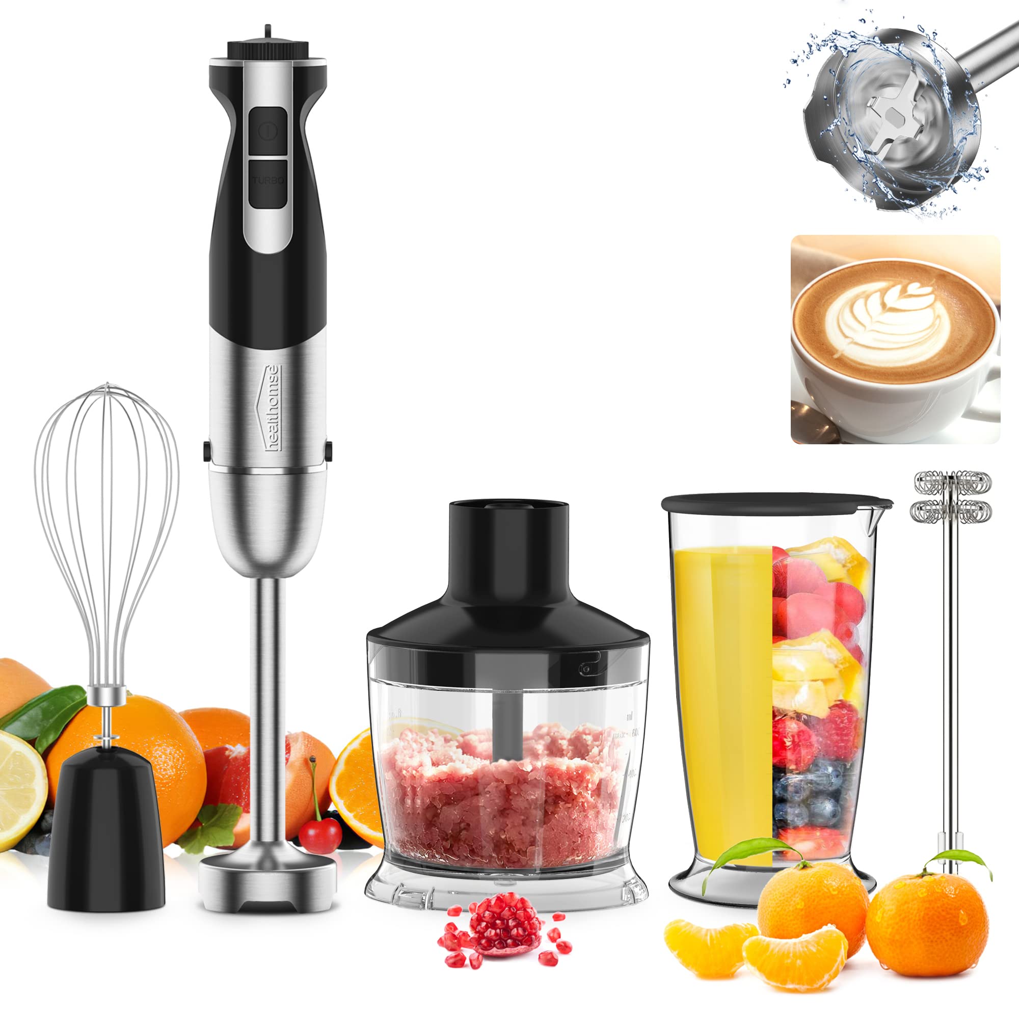 Healthomse 5-In-1 Immersion Blender 800W 12-Speed Stainless Steel Hand Blender With Milk Frother, Egg Whisk, Bpa- 500Ml Chopper And 700Ml Beaker With Lid For Soup, Smoothie, Baby Food