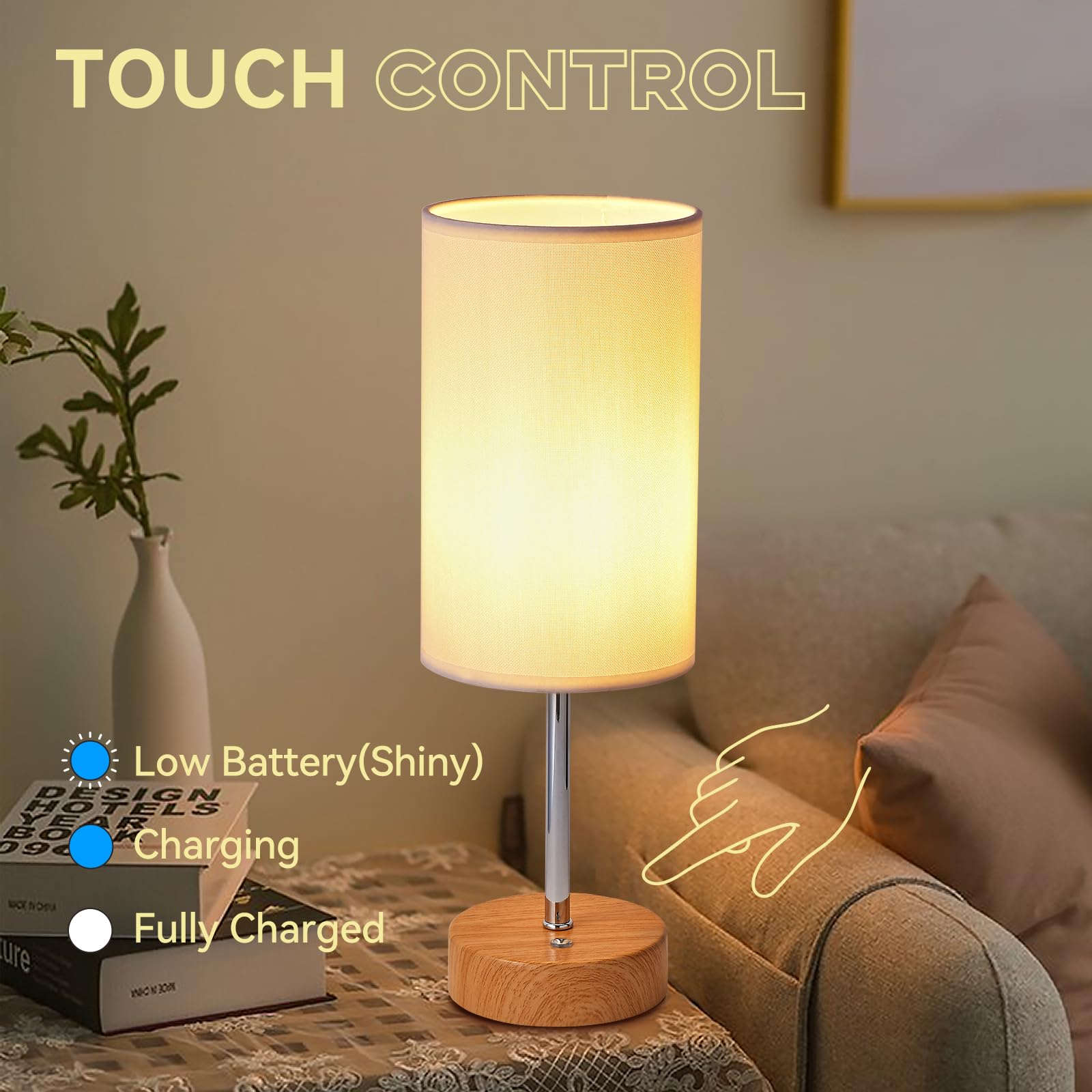 Baizhou Cordless Led Table Lamp, 5000Mah Rechargeable Bedside Small Lamp For Bedroom, Portable Touch Dimmable Battery Operated Lamp, Memory Ambient Light For Patio Restaurant Office(Wooden)