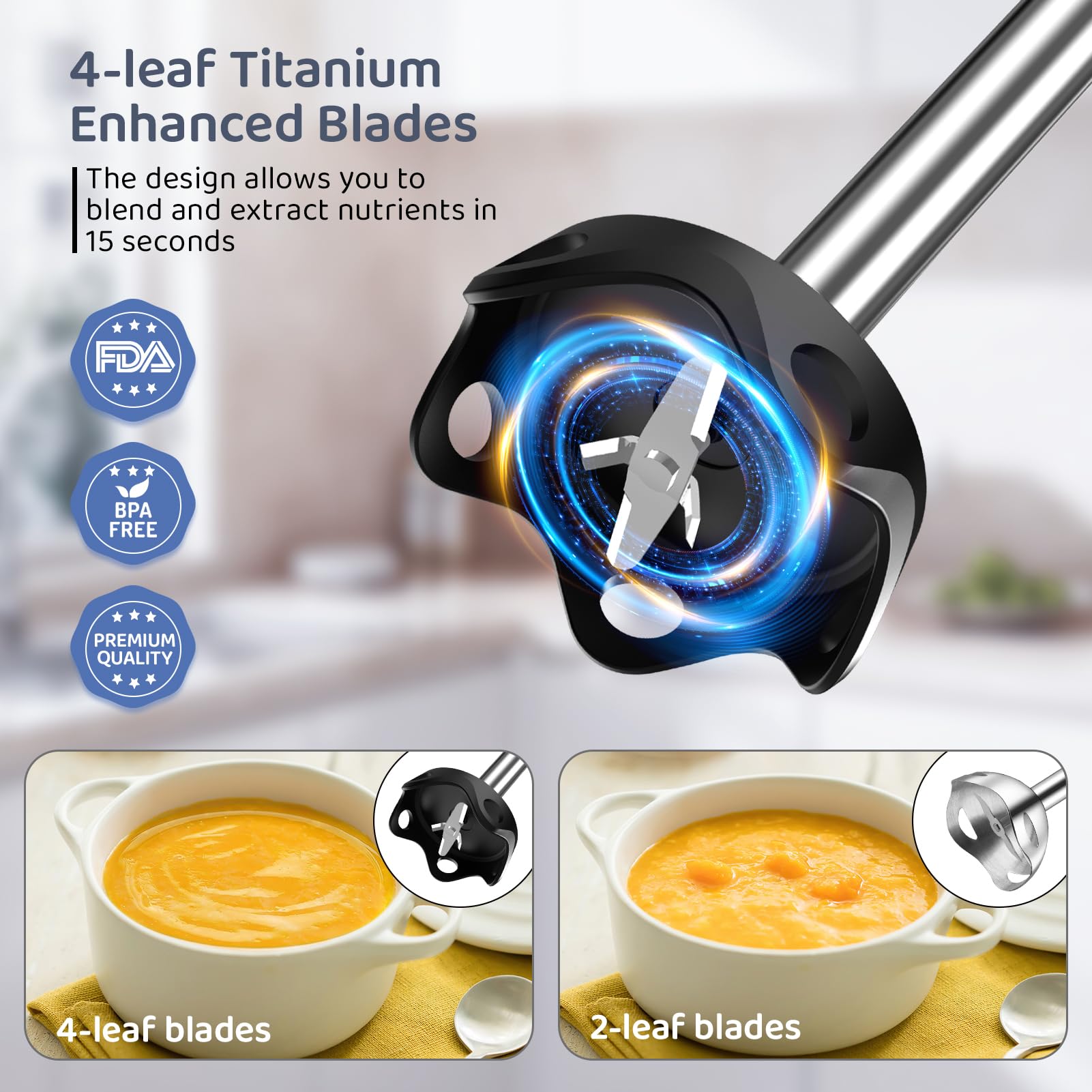 Hovobo Immersion Blender Handheld 1000W Powerful Scratch Resistant Hand Blenders For Kitchen, Stick Blender Immersion Variable Speed And Turbo Mode, Low-Noise, Beaker Chopper Whisk Milk Frother