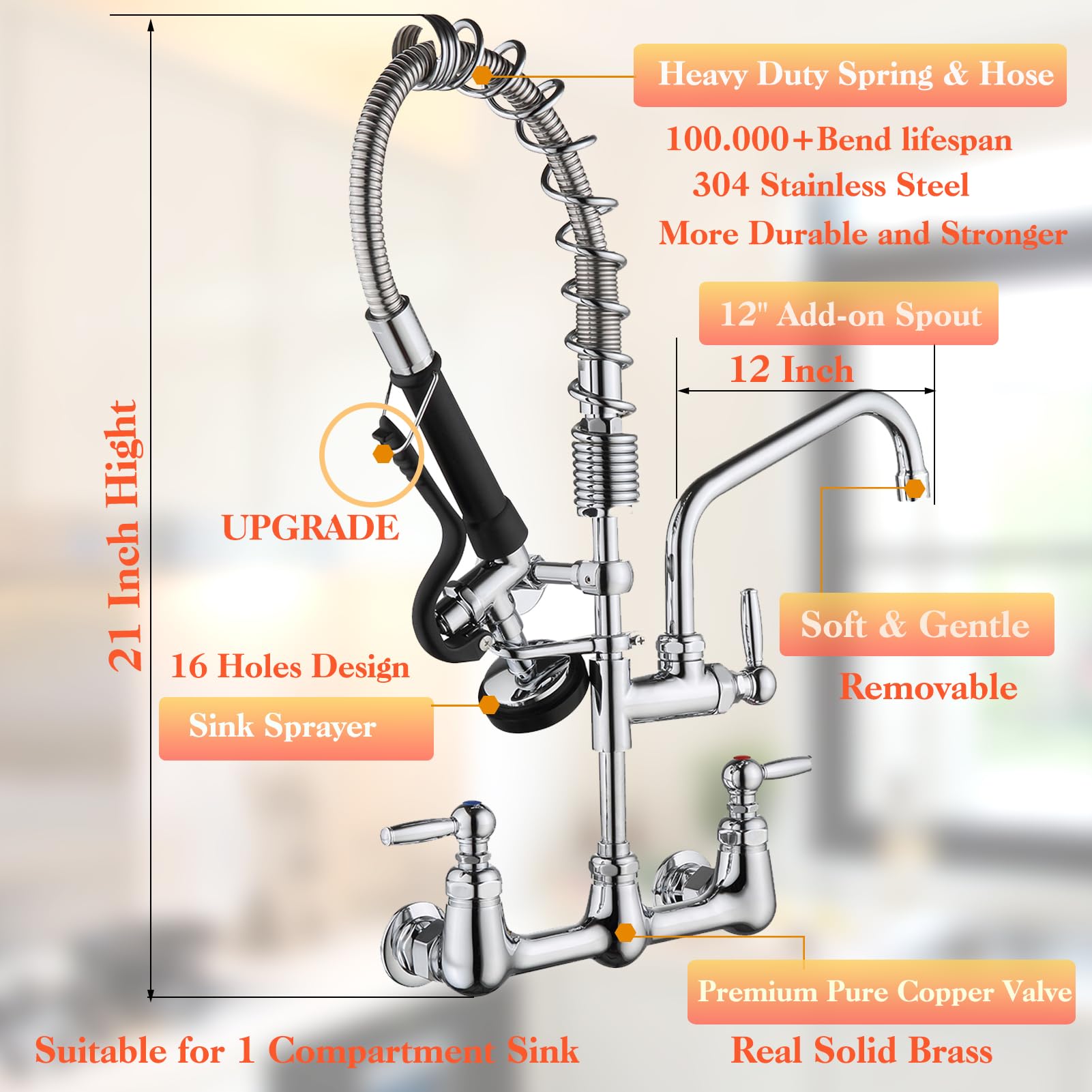Golrean Commercial Faucet Wall Mount With Sprayer 21" Height, Brass Constructed 8" Add On Swing Spout Commercial Kitchen Sink Faucet With Pre-Rinse Pull Down Sprayer For 1/2 Compartment Sink